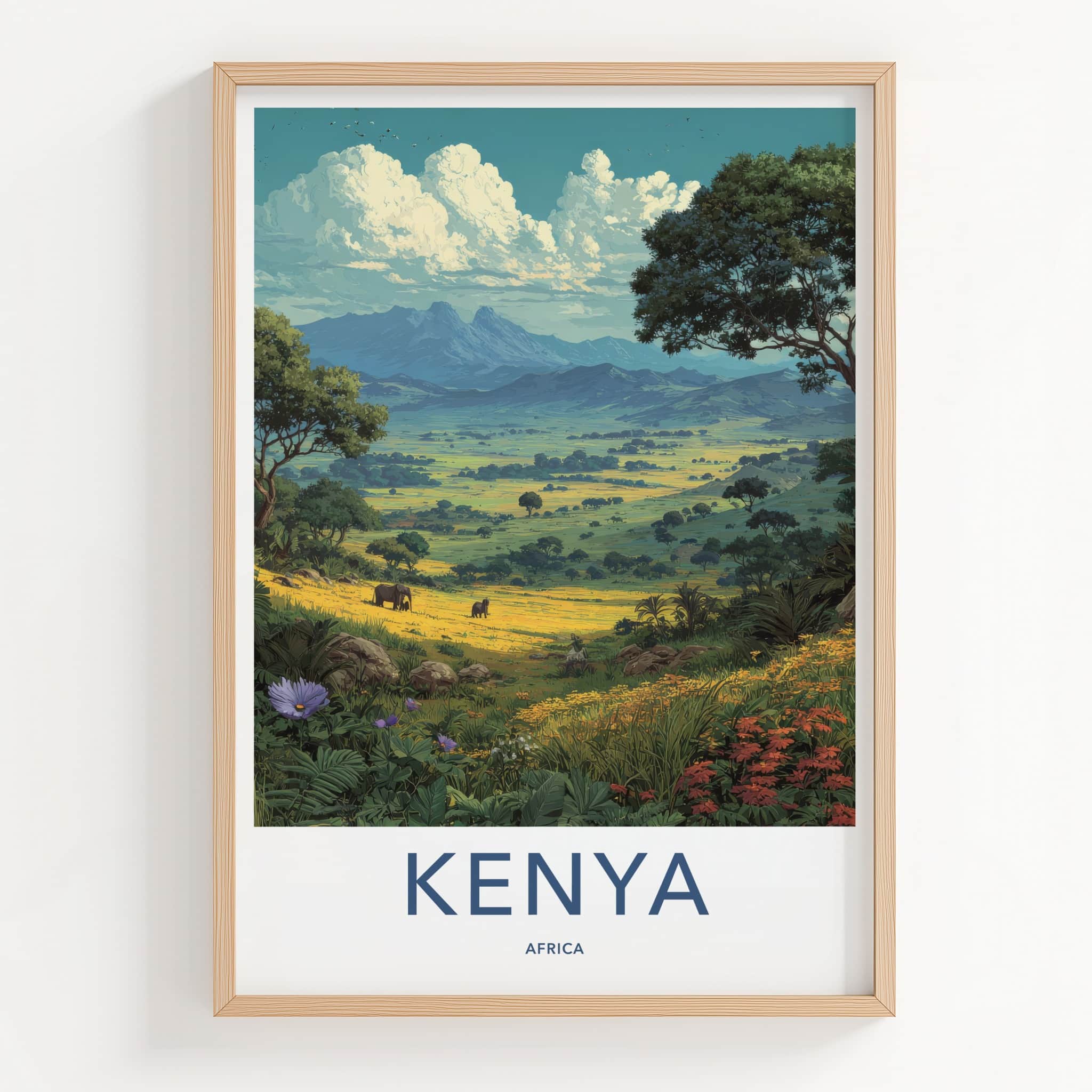 Kenya Poster - Nature Travel Art - Lush Valley Elephants Home Decor