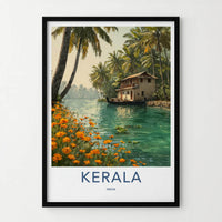 Kerala Poster - India Travel Art - Kerala Backwater House Home Decor