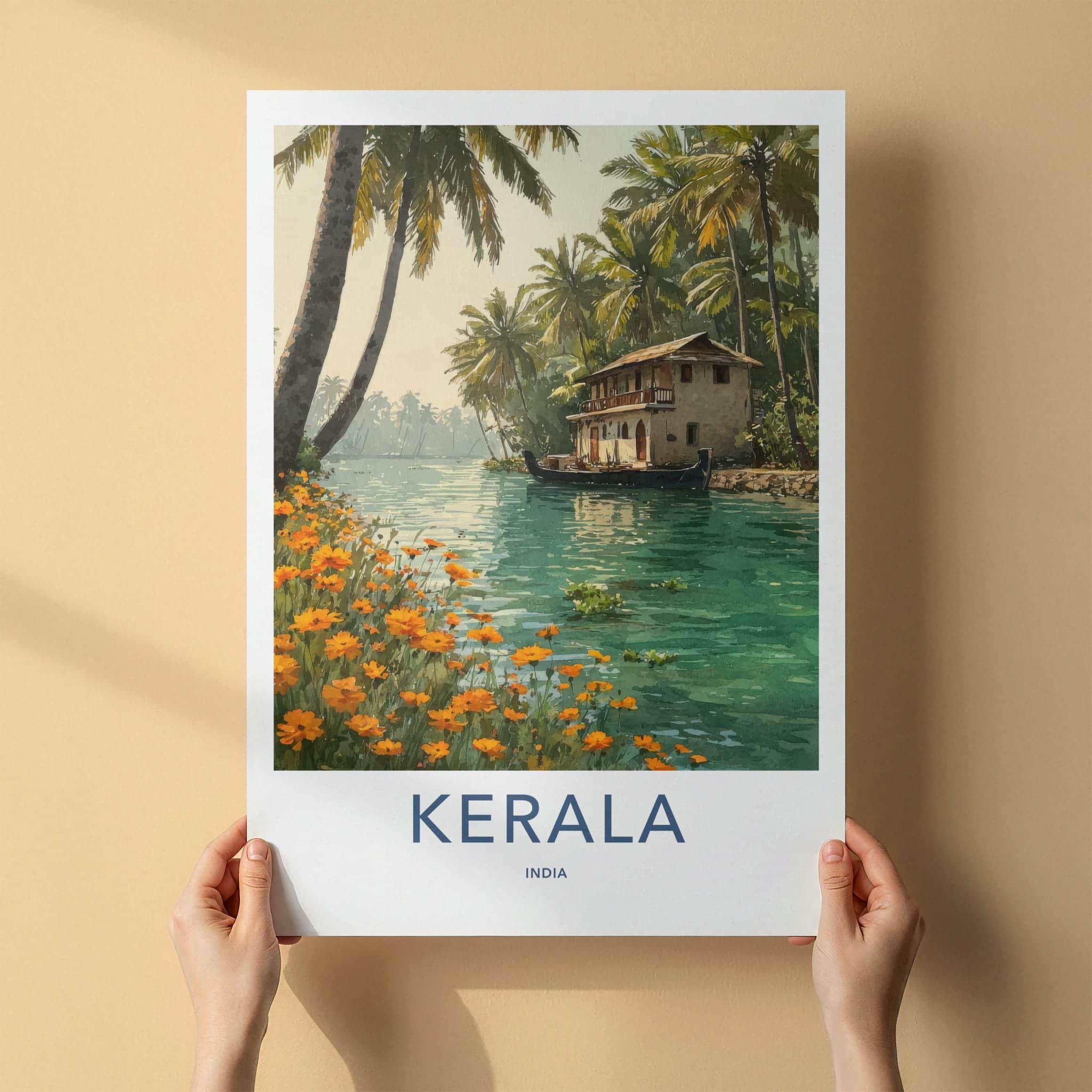 Kerala Poster - India Travel Art - Kerala Backwater House Home Decor
