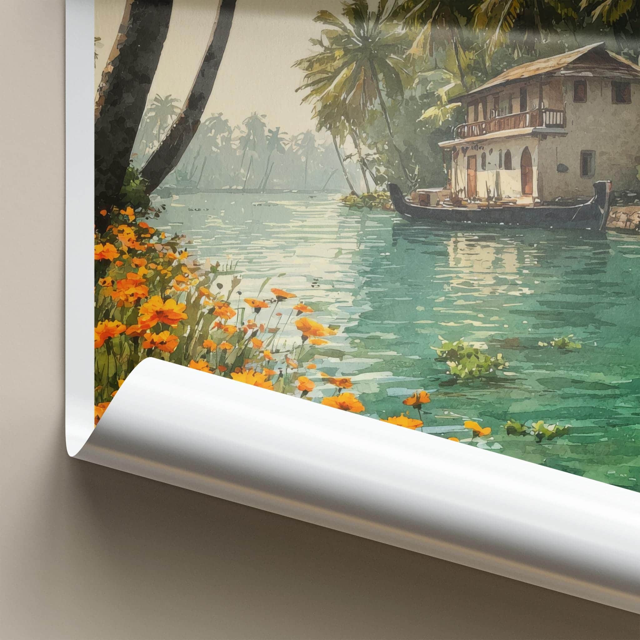 Kerala Poster - India Travel Art - Kerala Backwater House Home Decor