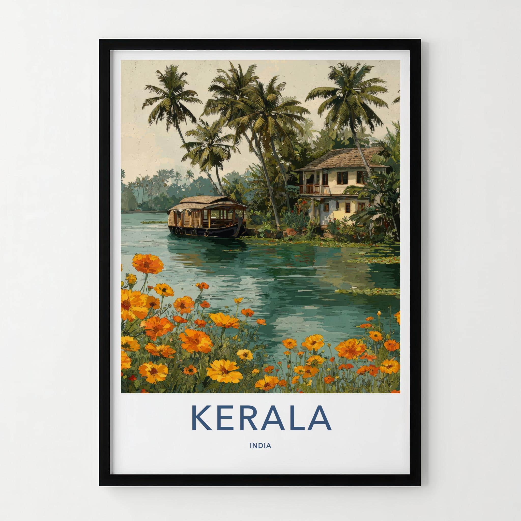Kerala Poster - India Travel Art - Kerala Backwater Houseboat Home Decor