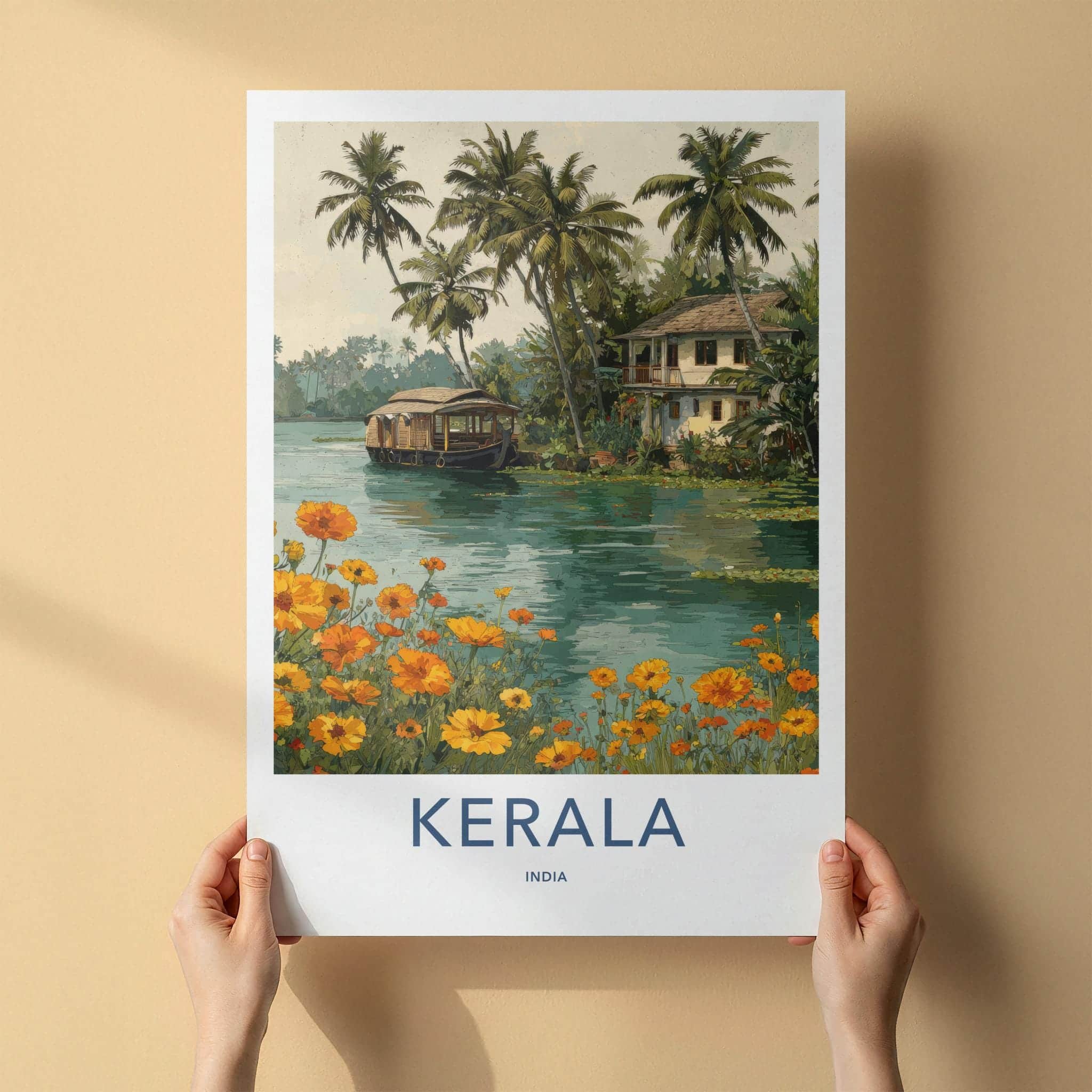 Kerala Poster - India Travel Art - Kerala Backwater Houseboat Home Decor