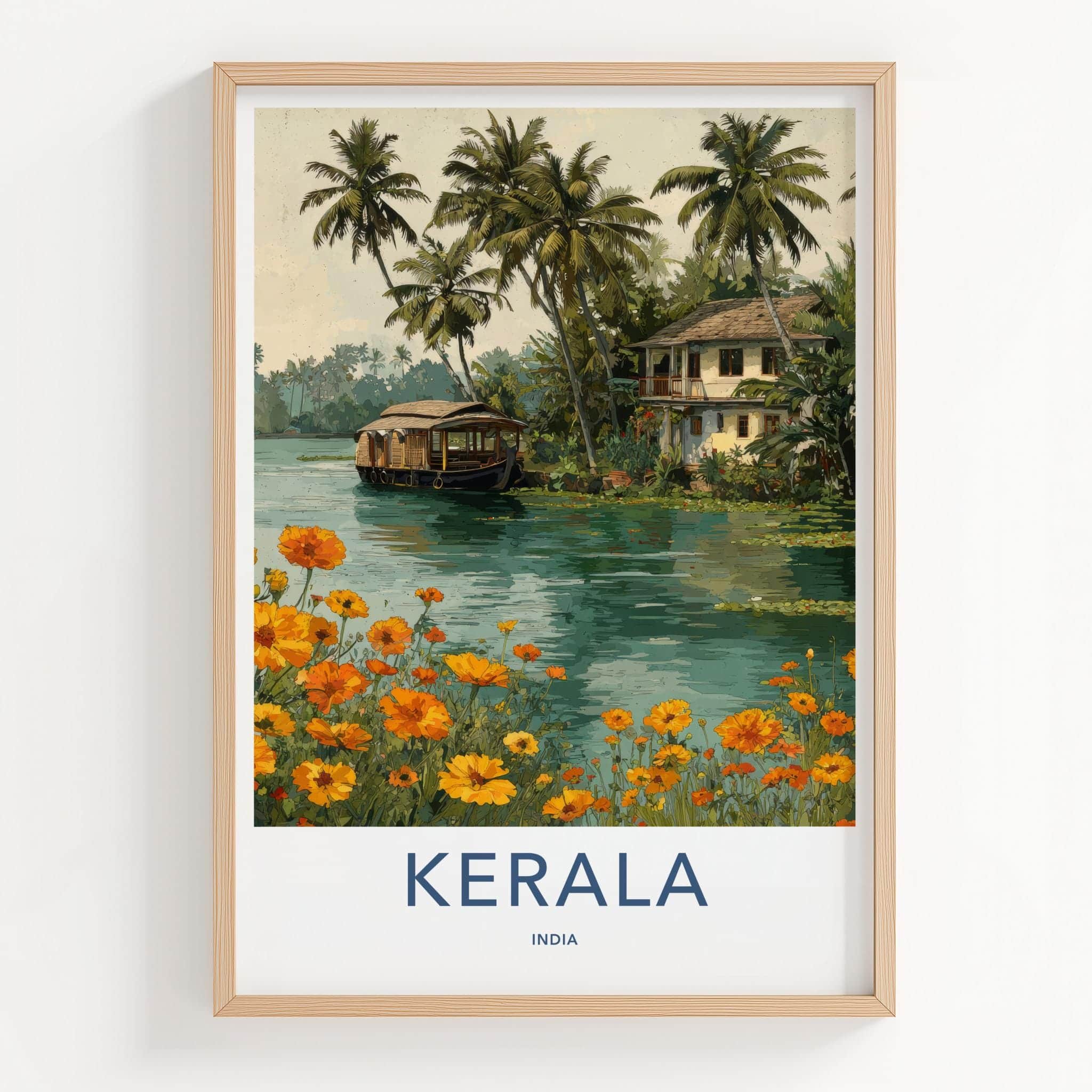 Kerala Poster - India Travel Art - Kerala Backwater Houseboat Home Decor