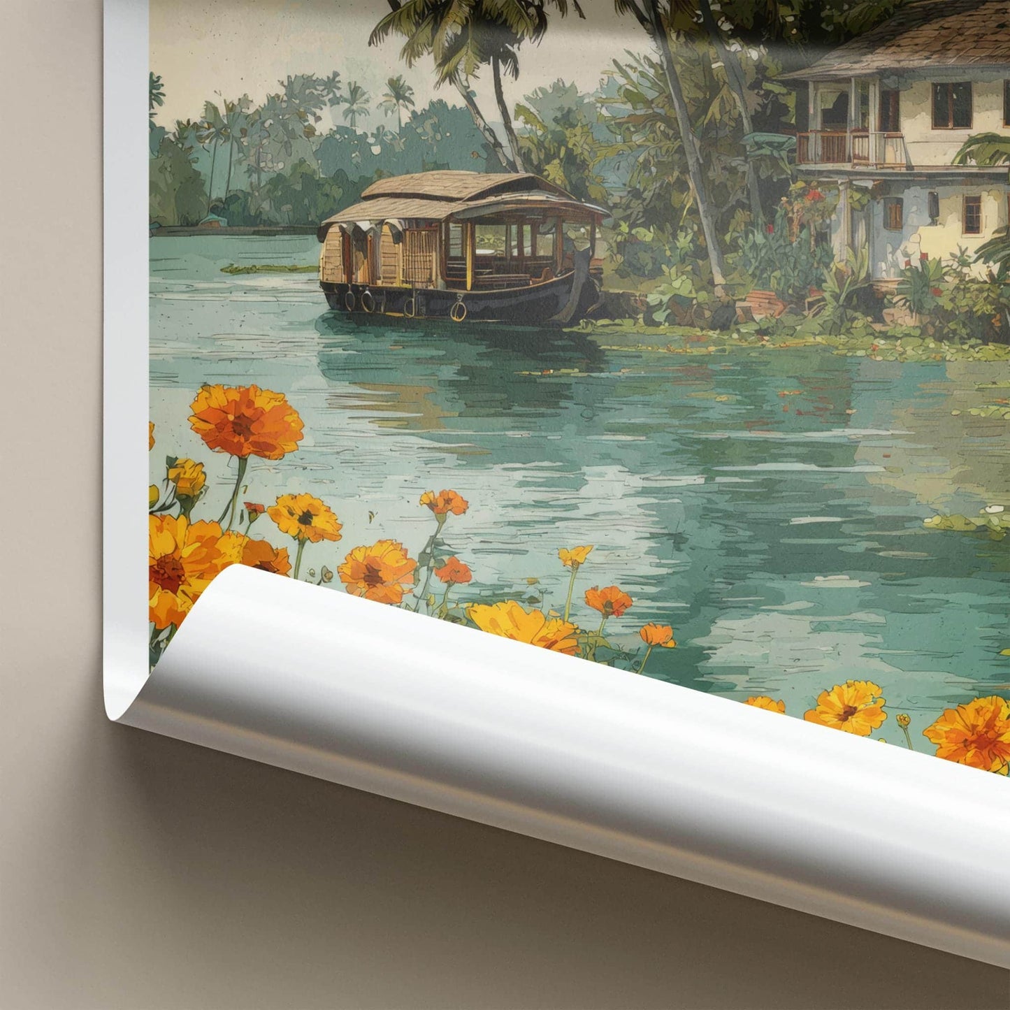 Kerala Poster - India Travel Art - Kerala Backwater Houseboat Home Decor