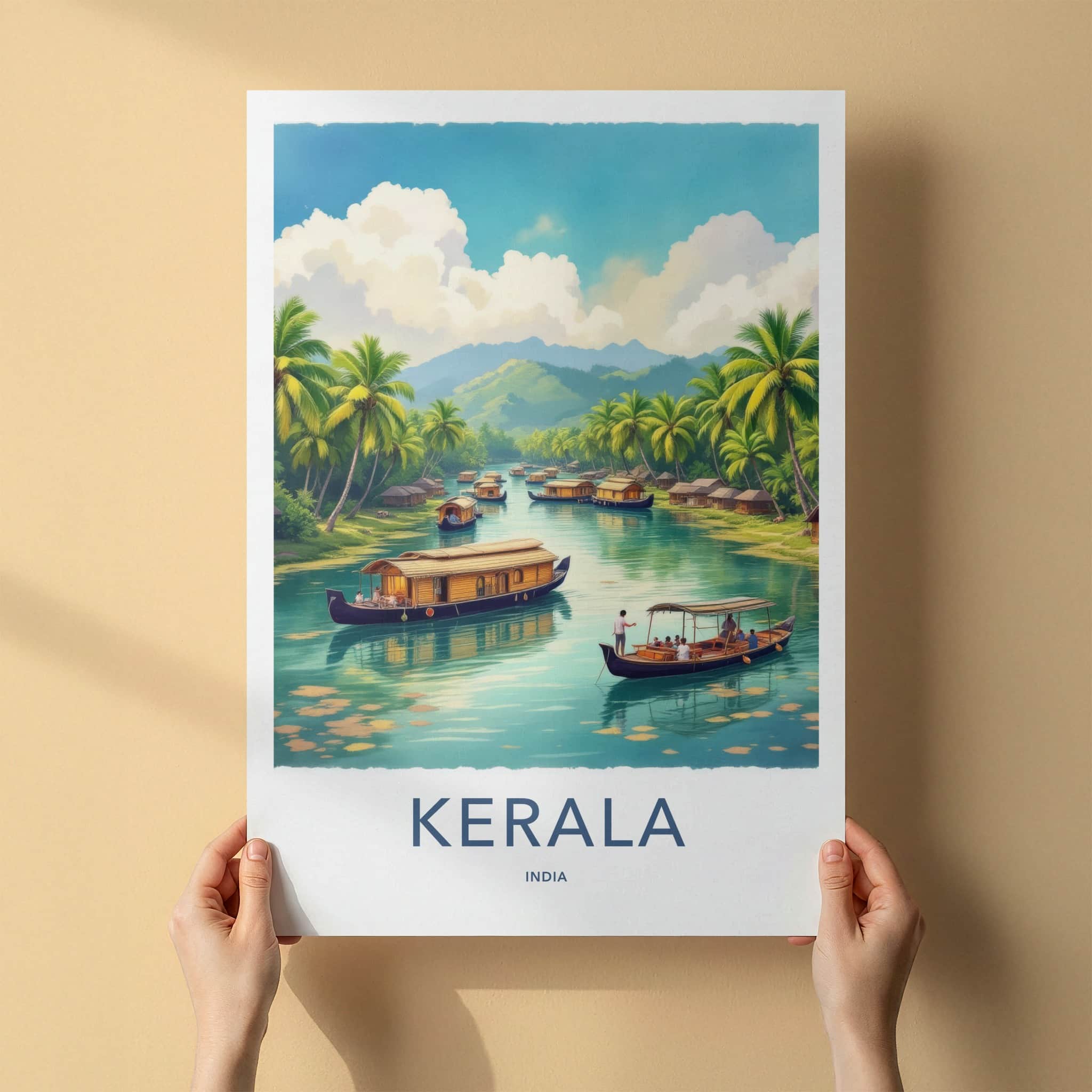 Kerala Poster - India Travel Art - Kerala Houseboats Landscape Home Decor