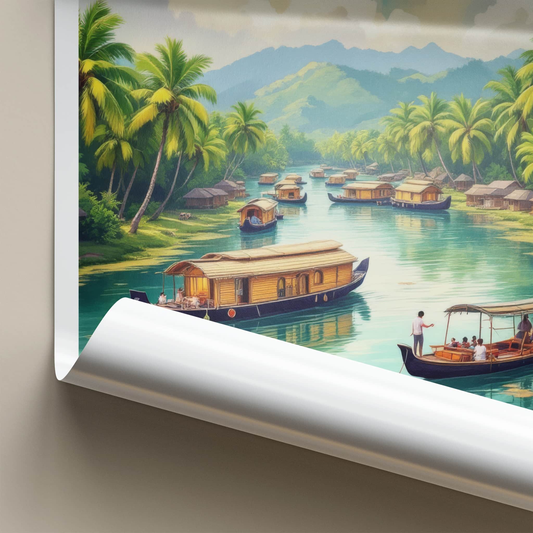 Kerala Poster - India Travel Art - Kerala Houseboats Landscape Home Decor