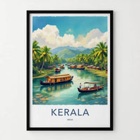 Kerala Poster - India Travel Art - Kerala Houseboats Landscape Home Decor