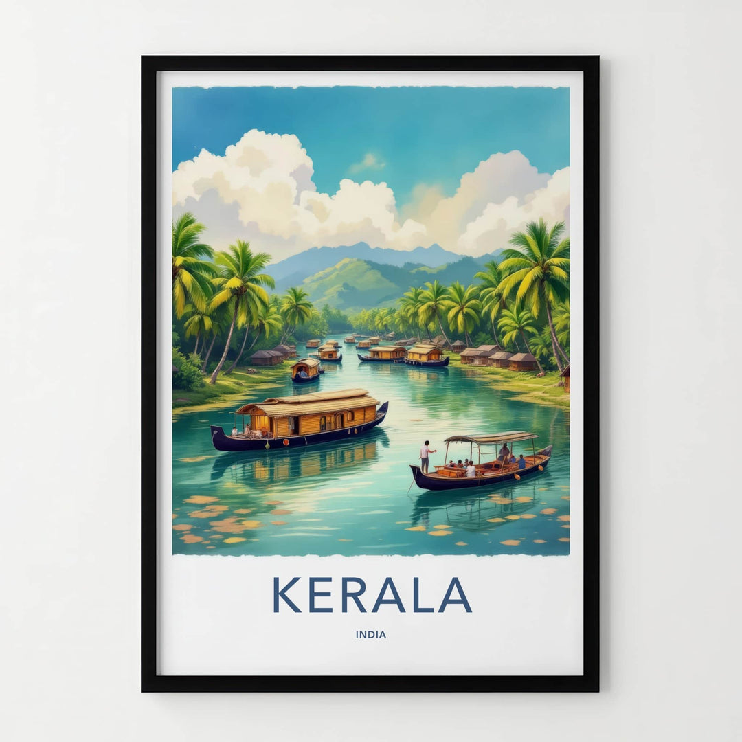 Kerala Poster - India Travel Art - Kerala Houseboats Landscape Home Decor