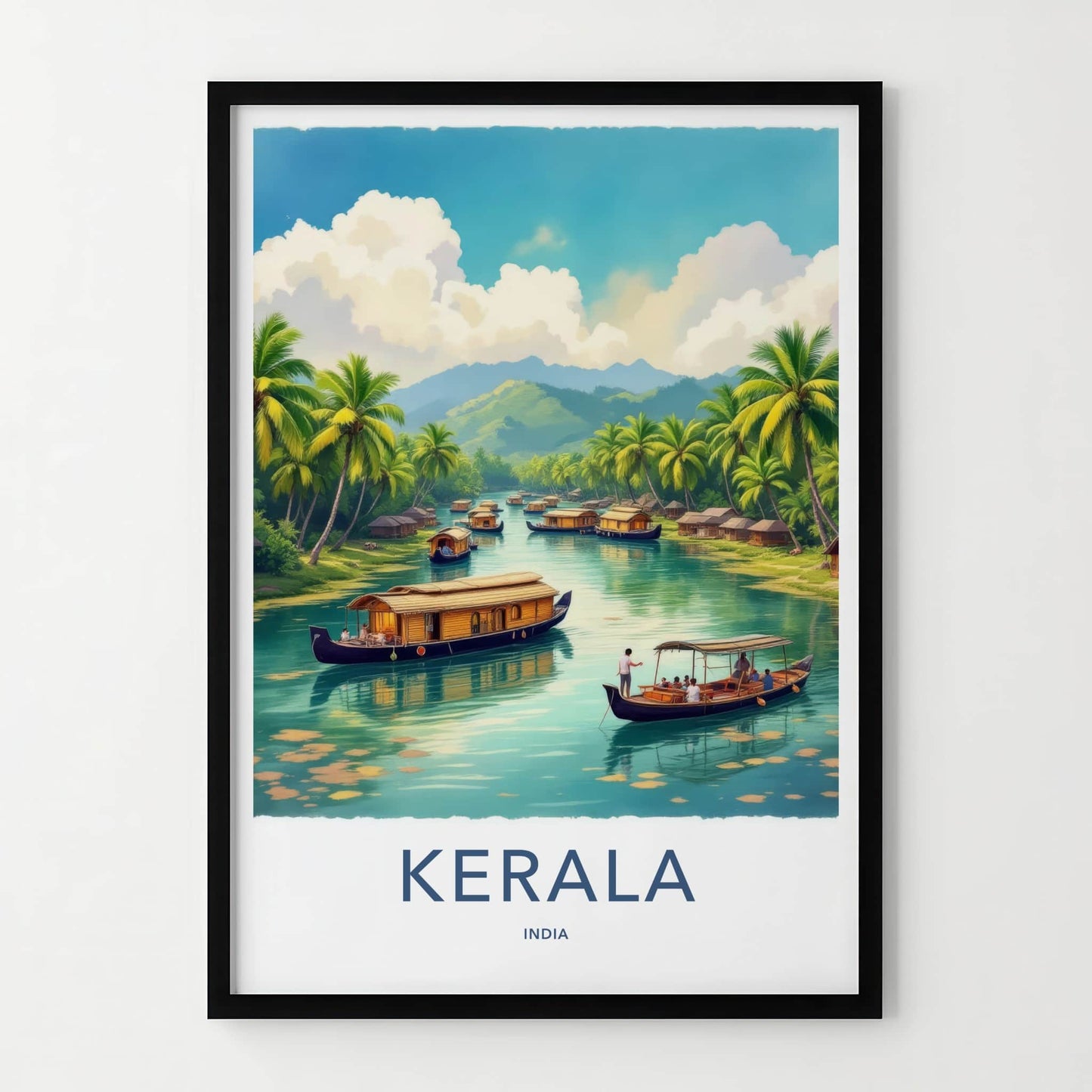Kerala Poster - India Travel Art - Kerala Houseboats Landscape Home Decor