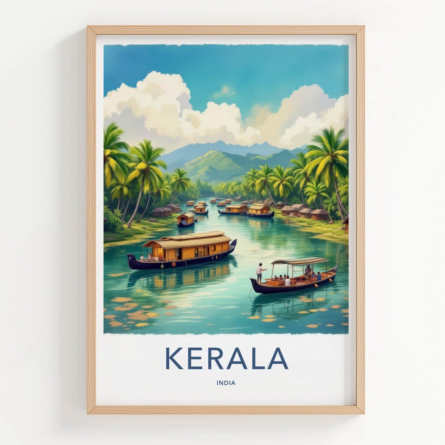 Kerala Poster - India Travel Art - Kerala Houseboats Landscape Home Decor