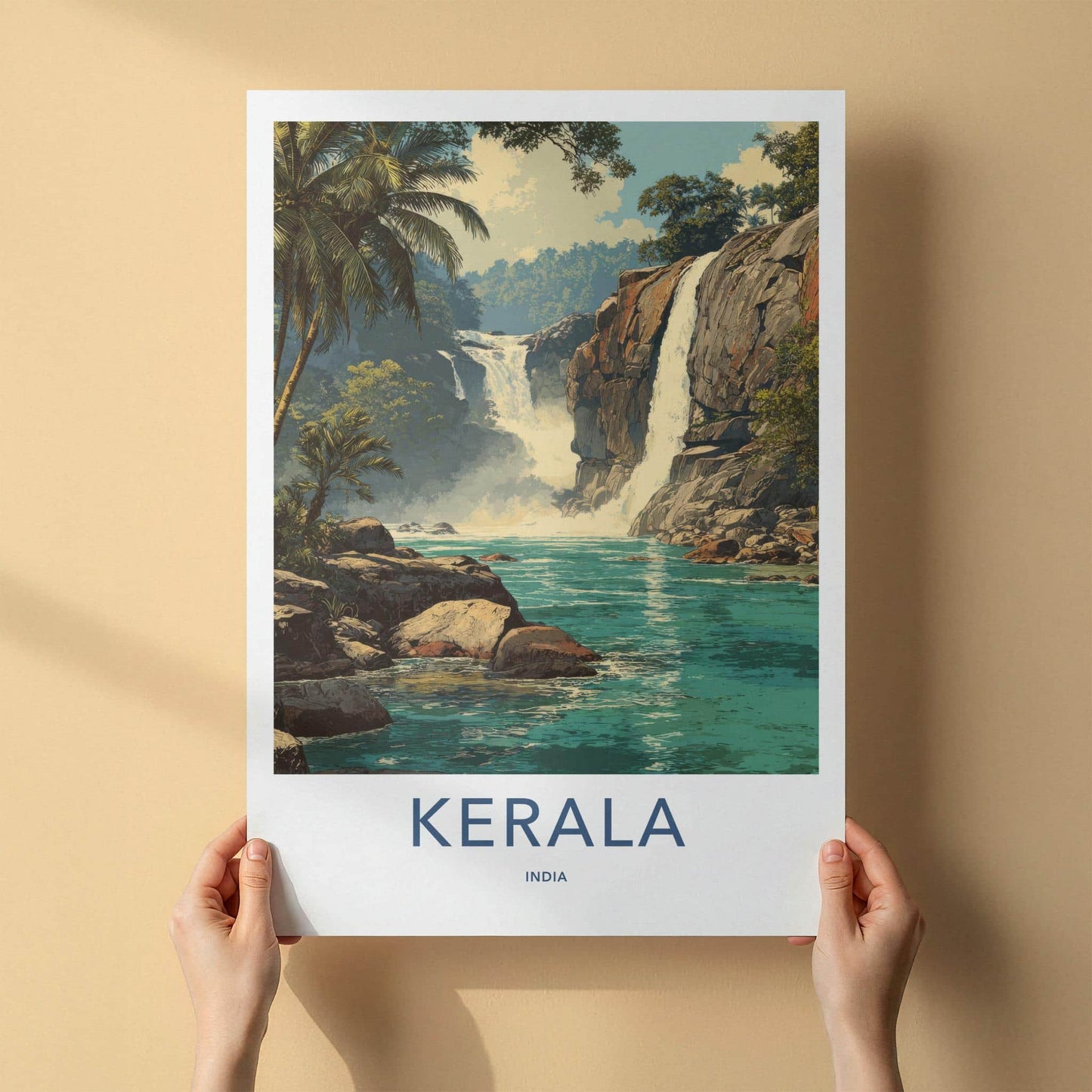 Kerala Poster - India Travel Art - Tropical waterfalls Wall Decor
