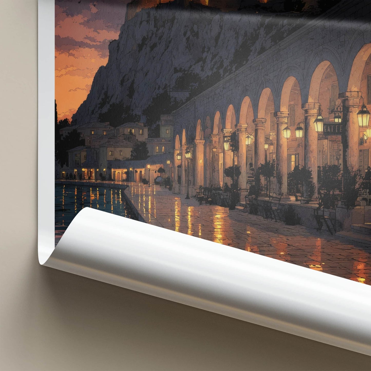 Kerkyra Poster - Greece Travel Art - Archway Moonlit Lights Wall Decor