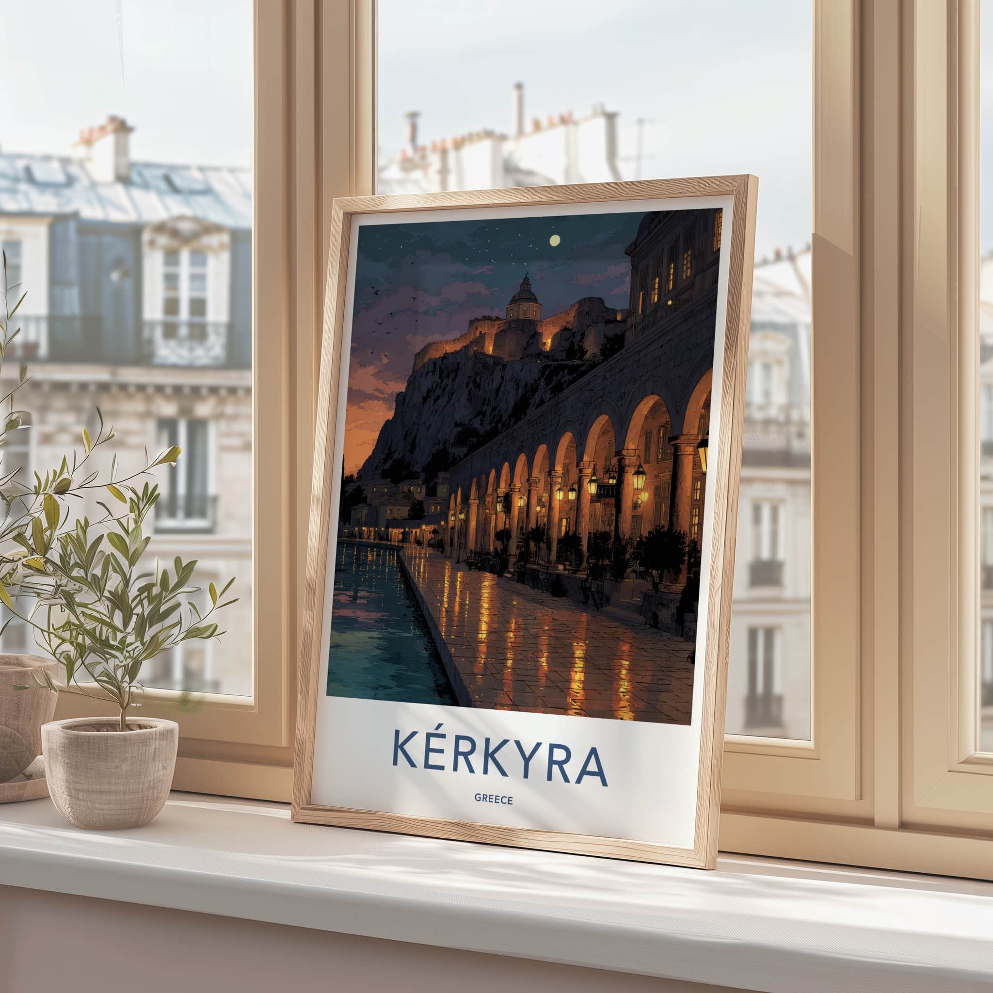 Kerkyra Poster - Greece Travel Art - Archway Moonlit Lights Wall Decor