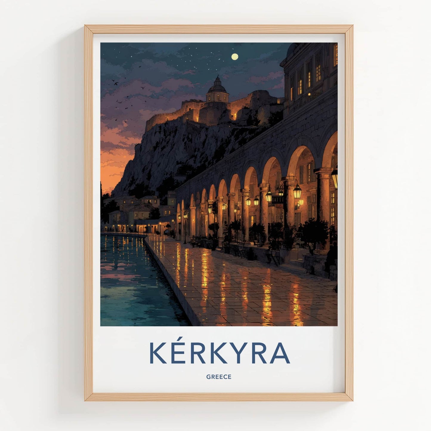 Kerkyra Poster - Greece Travel Art - Archway Moonlit Lights Wall Decor