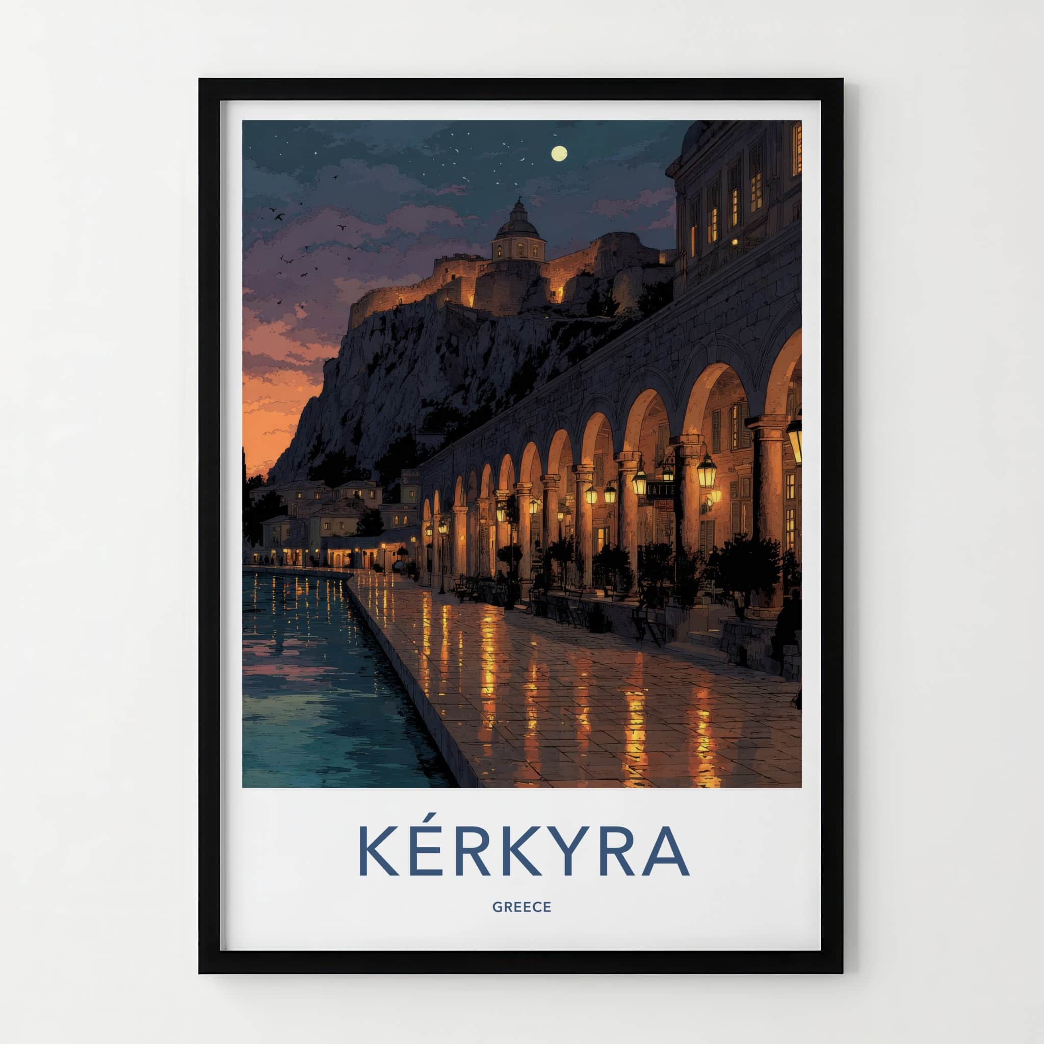 Kerkyra Poster - Greece Travel Art - Archway Moonlit Lights Wall Decor
