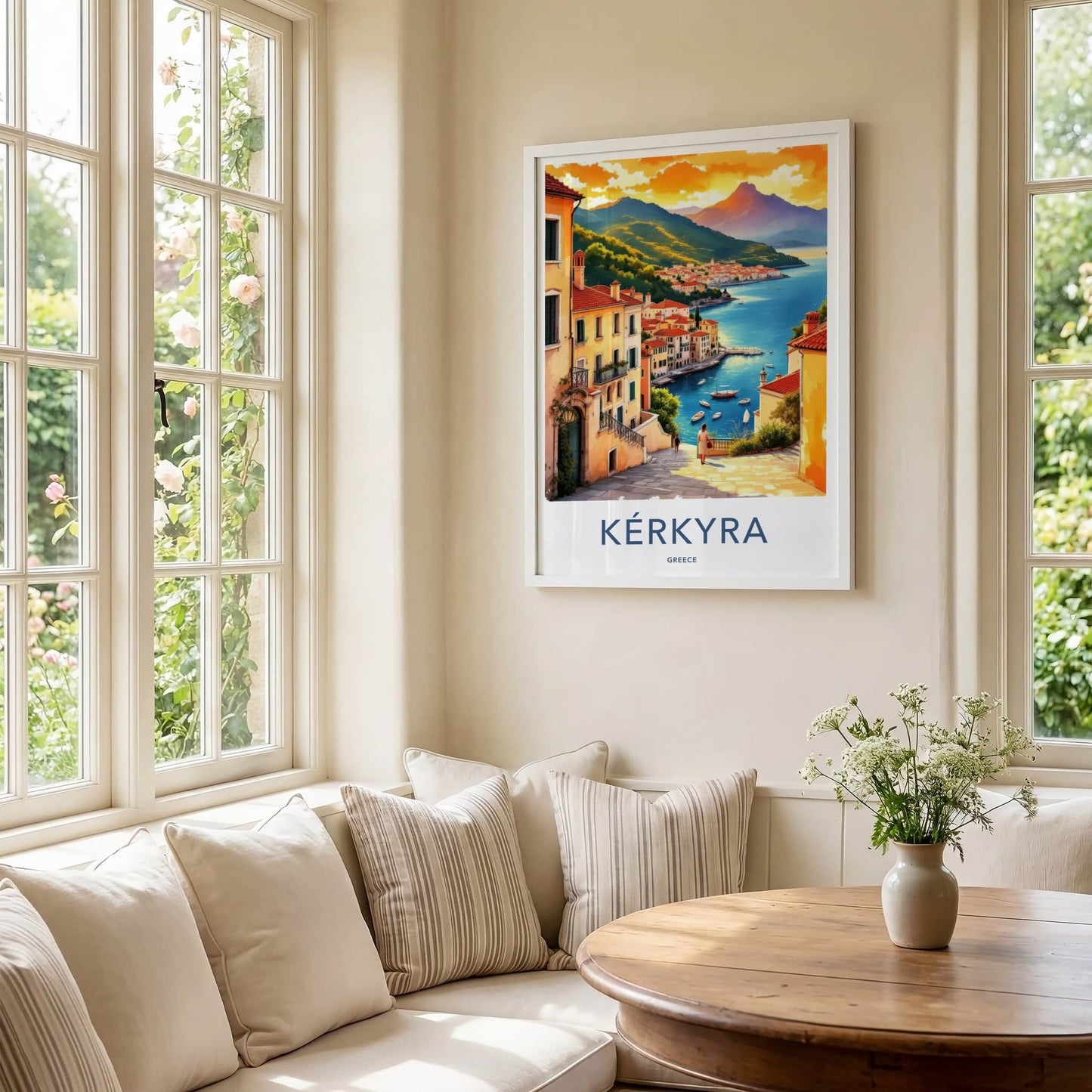 Kerkyra Poster - Greece Travel Art - Coastal Town Sunset Home Decor