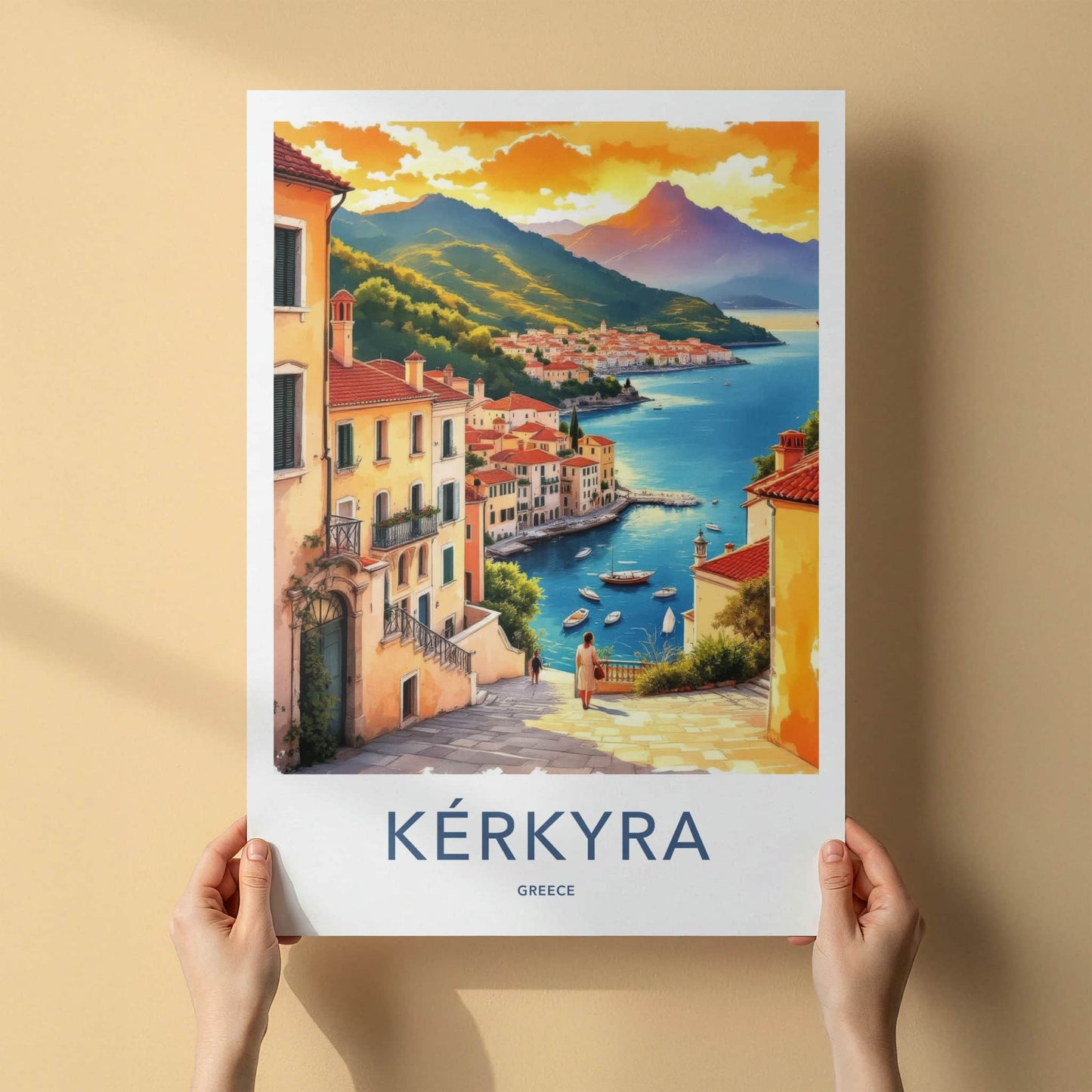 Kerkyra Poster - Greece Travel Art - Coastal Town Sunset Home Decor
