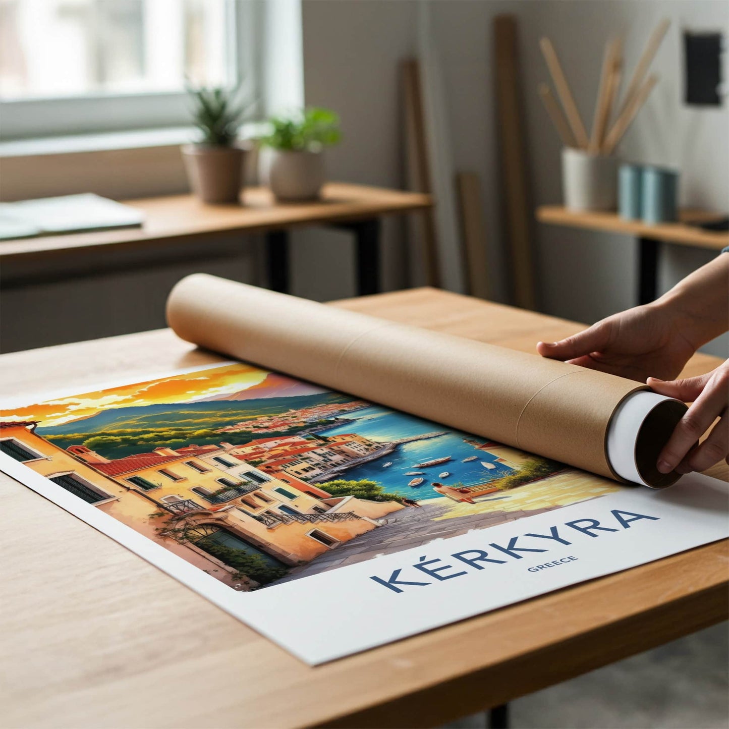 Kerkyra Poster - Greece Travel Art - Coastal Town Sunset Home Decor