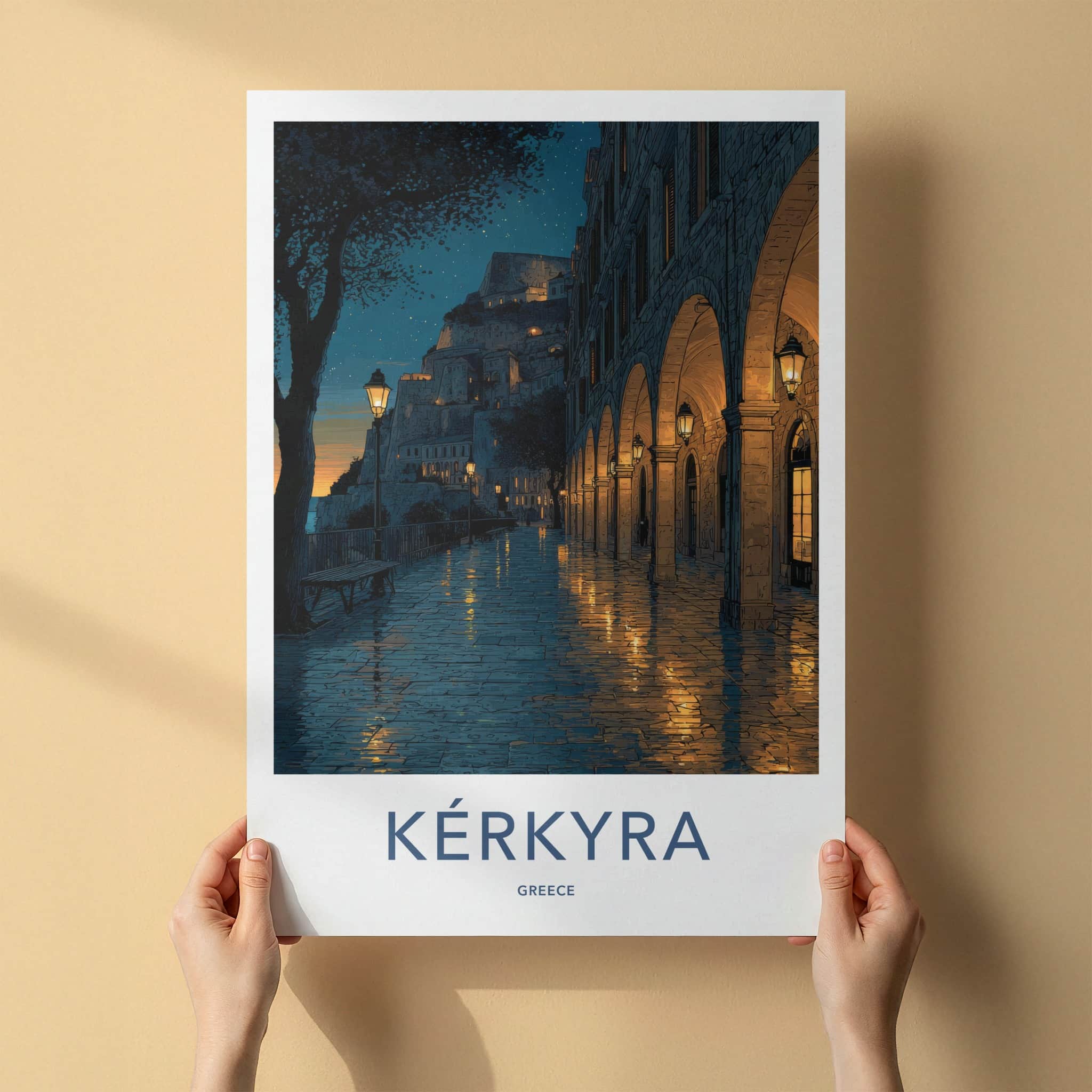 Kerkyra Poster - Greece Travel Art - Illuminated Arches Town Wall Art