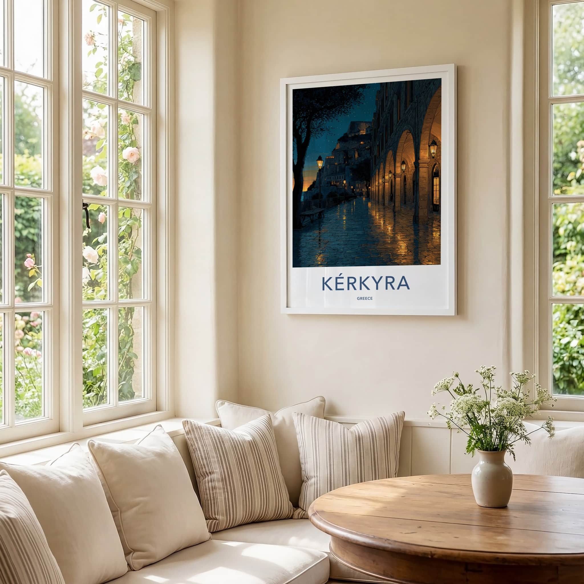 Kerkyra Poster - Greece Travel Art - Illuminated Arches Town Wall Art
