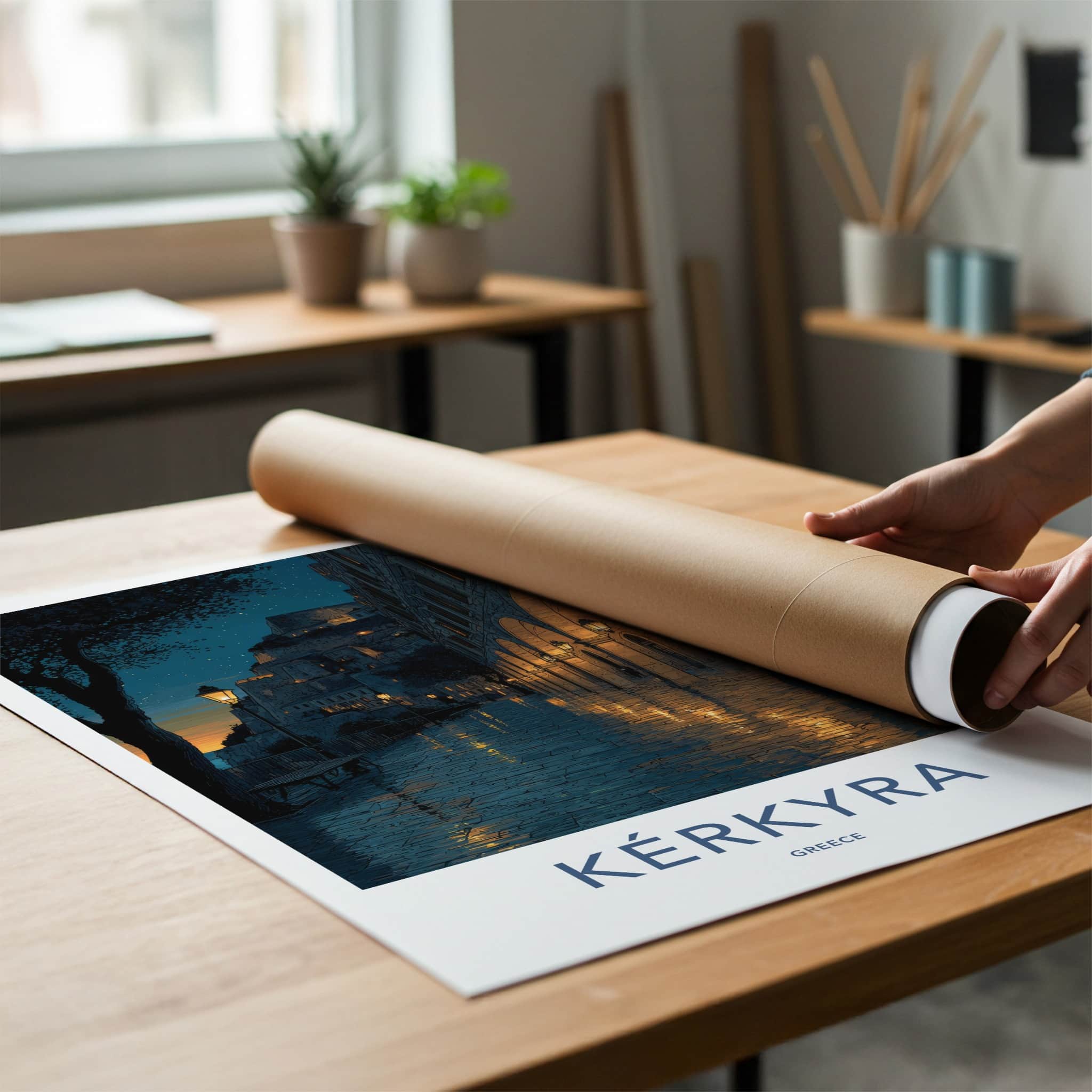 Kerkyra Poster - Greece Travel Art - Illuminated Arches Town Wall Art