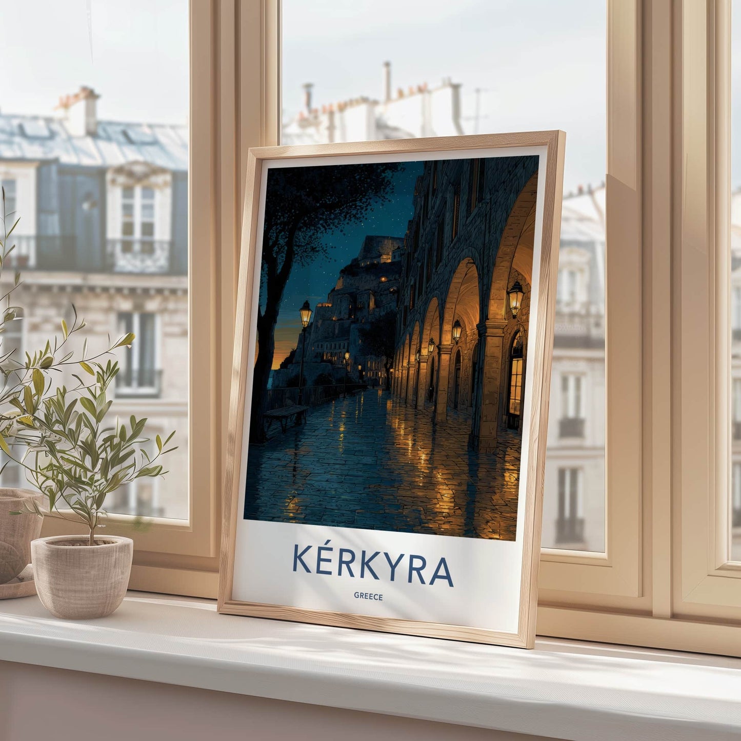 Kerkyra Poster - Greece Travel Art - Illuminated Arches Town Wall Art