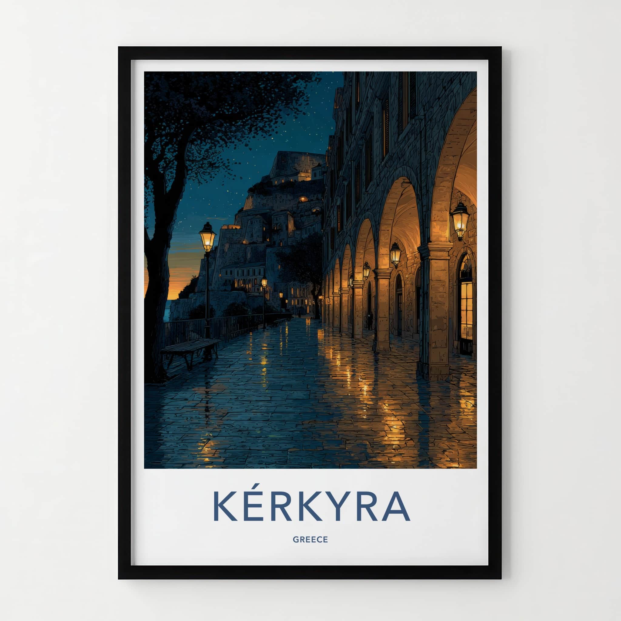 Kerkyra Poster - Greece Travel Art - Illuminated Arches Town Wall Art