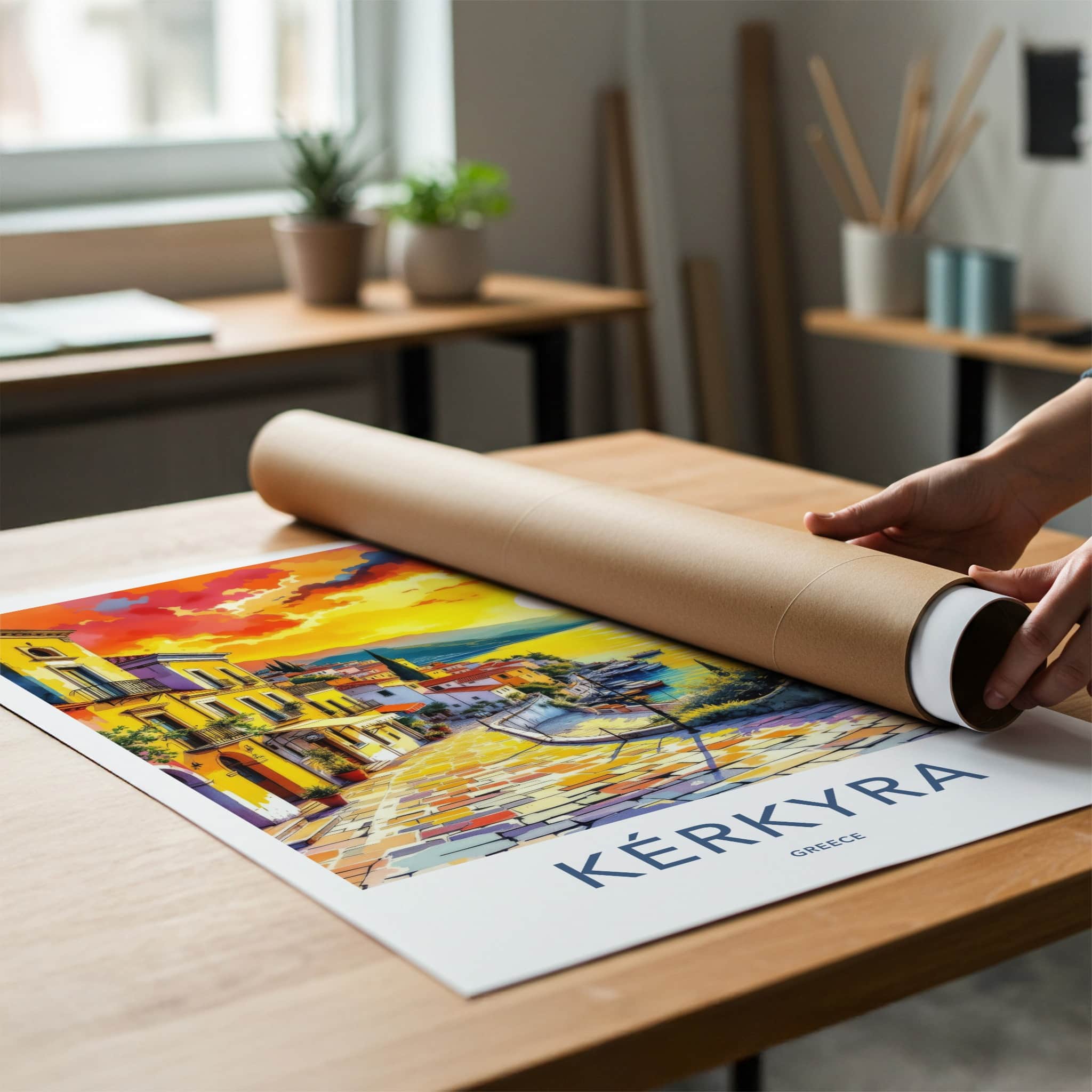 Kerkyra Poster - Greece Travel Art - Vibrant Village Sunset Home Decor