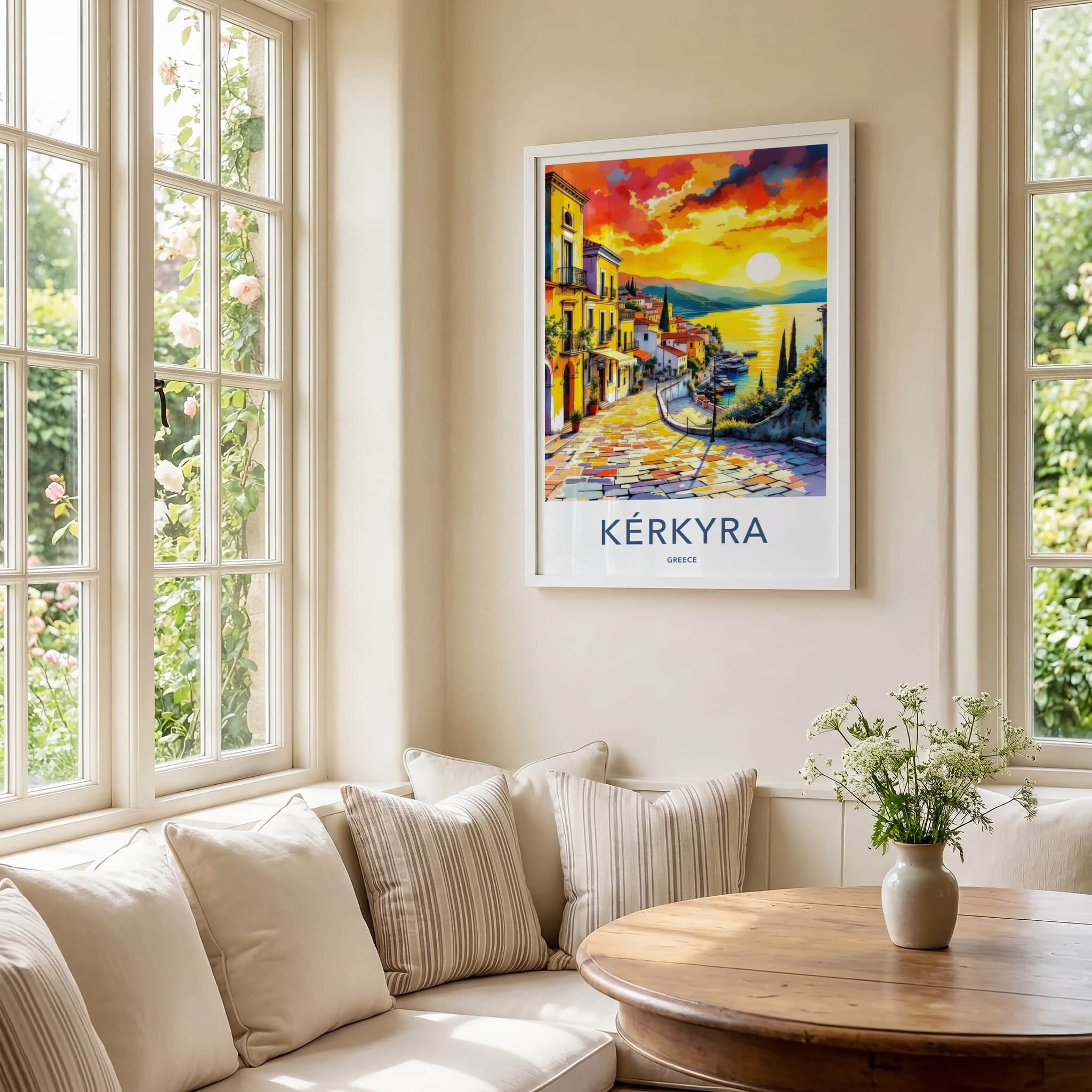 Kerkyra Poster - Greece Travel Art - Vibrant Village Sunset Home Decor