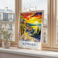 Kerkyra Poster - Greece Travel Art - Vibrant Village Sunset Home Decor