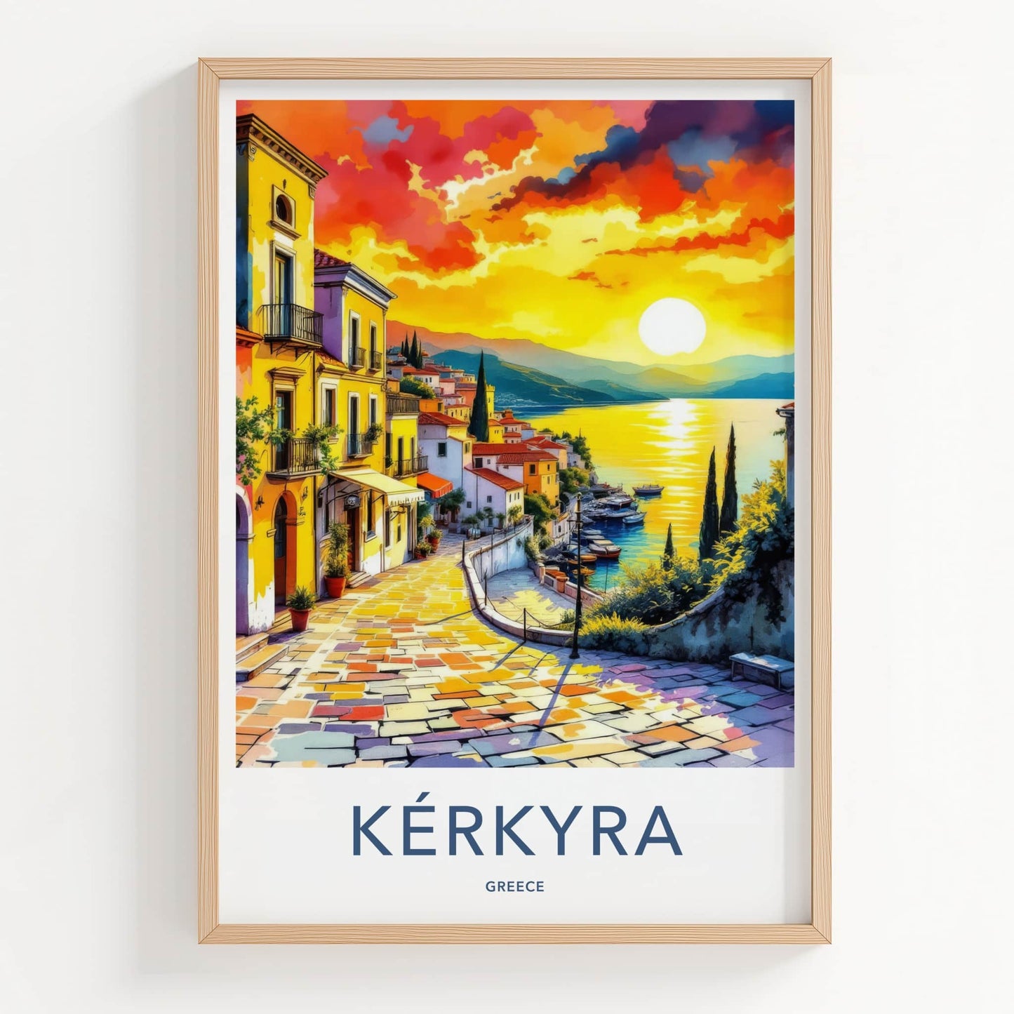 Kerkyra Poster - Greece Travel Art - Vibrant Village Sunset Home Decor