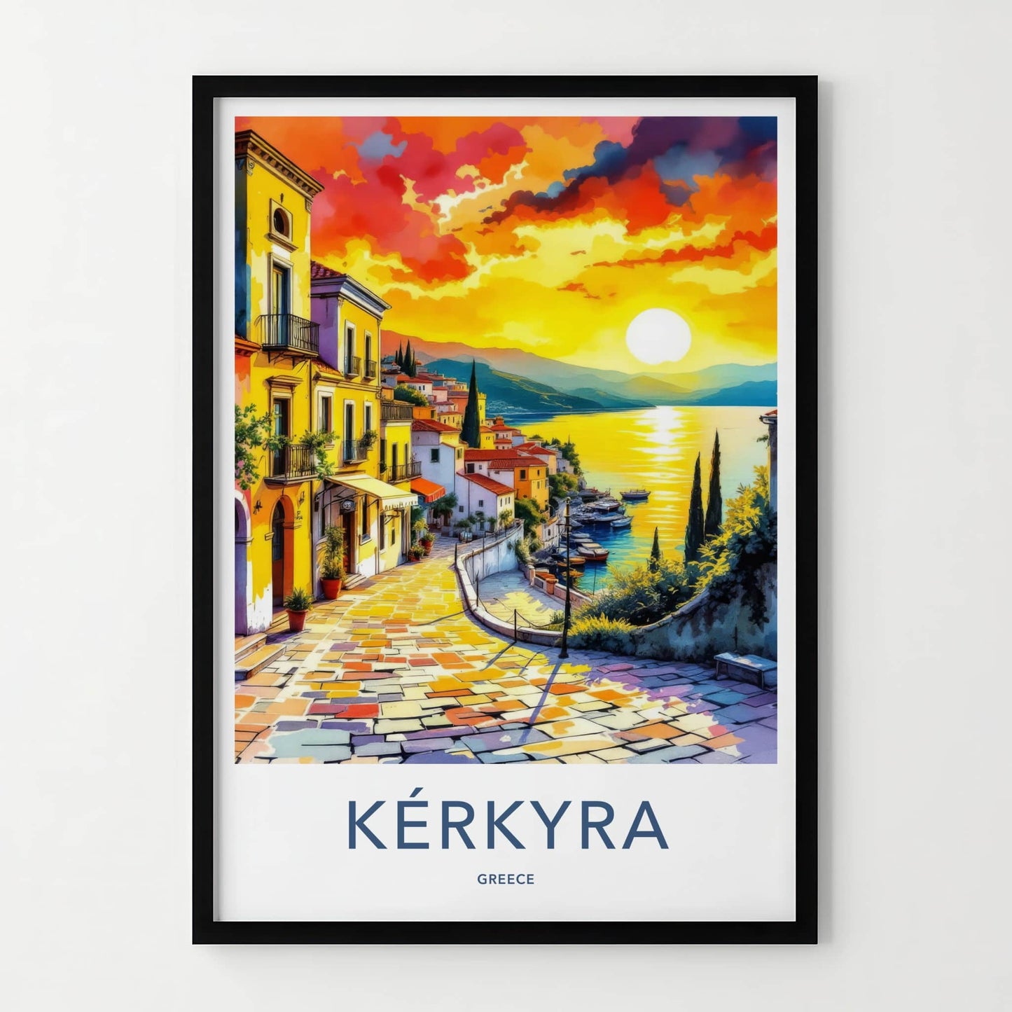 Kerkyra Poster - Greece Travel Art - Vibrant Village Sunset Home Decor