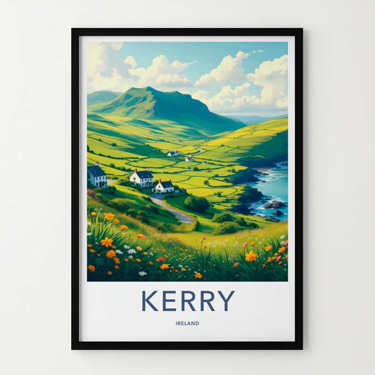 Kerry Poster - Ireland Travel Print - Coastal Village Flowers Wall Decor