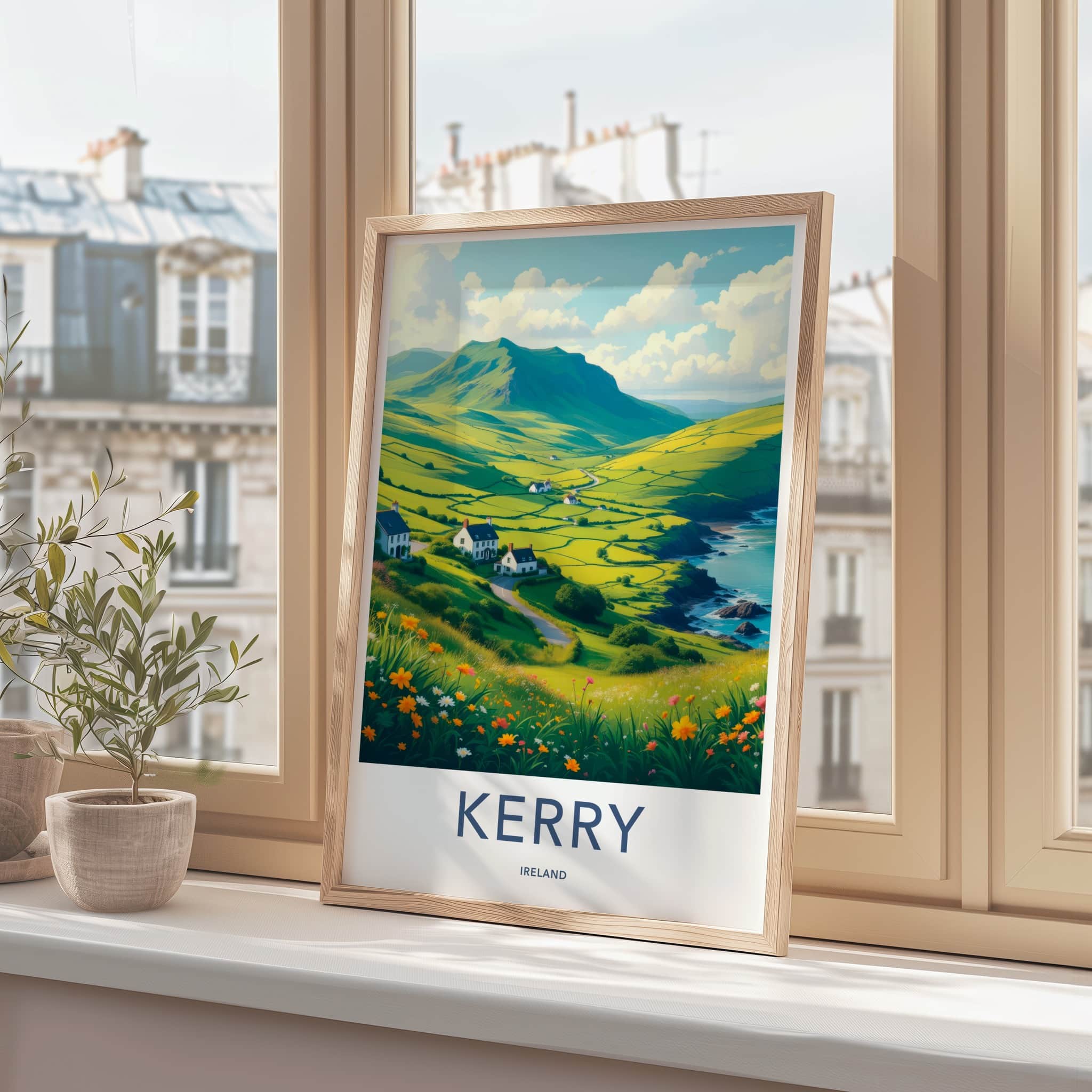 Kerry Poster - Ireland Travel Print - Coastal Village Flowers Wall Decor