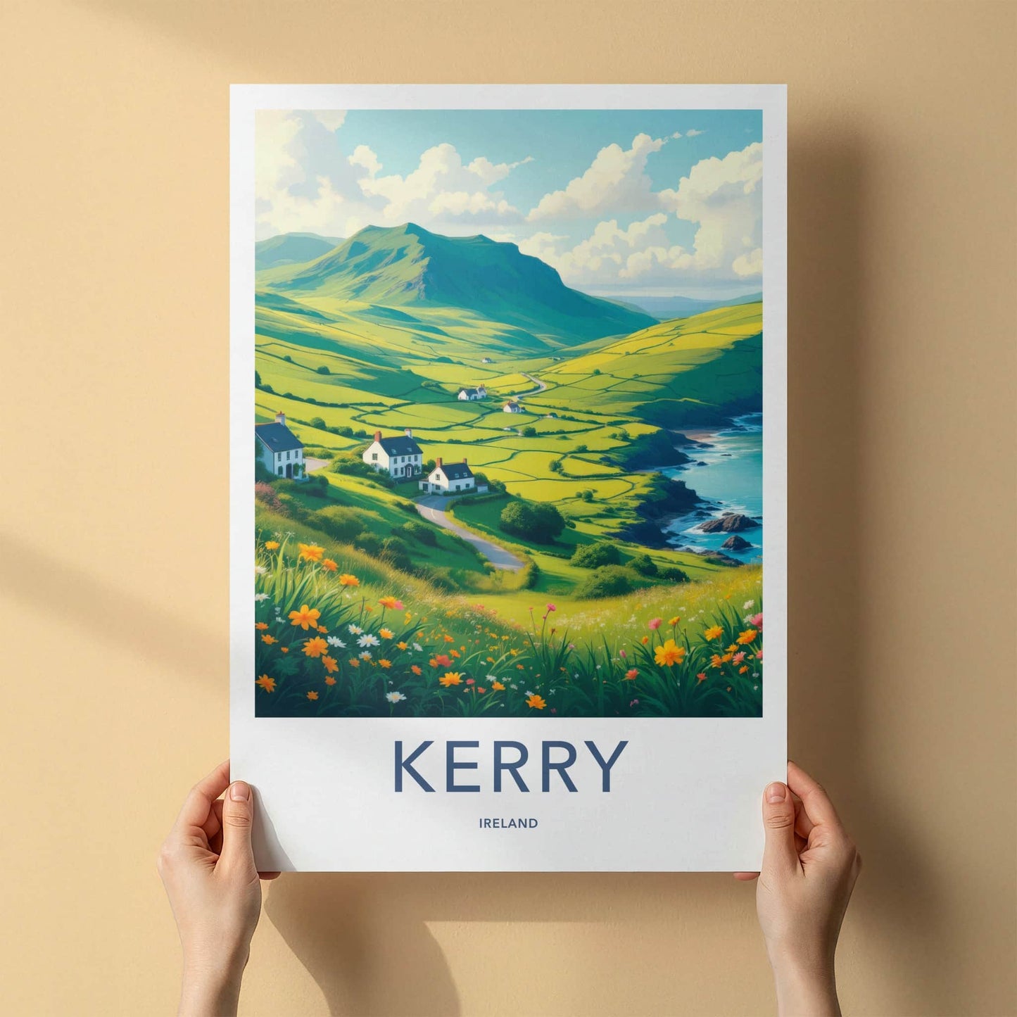 Kerry Poster - Ireland Travel Print - Coastal Village Flowers Wall Decor