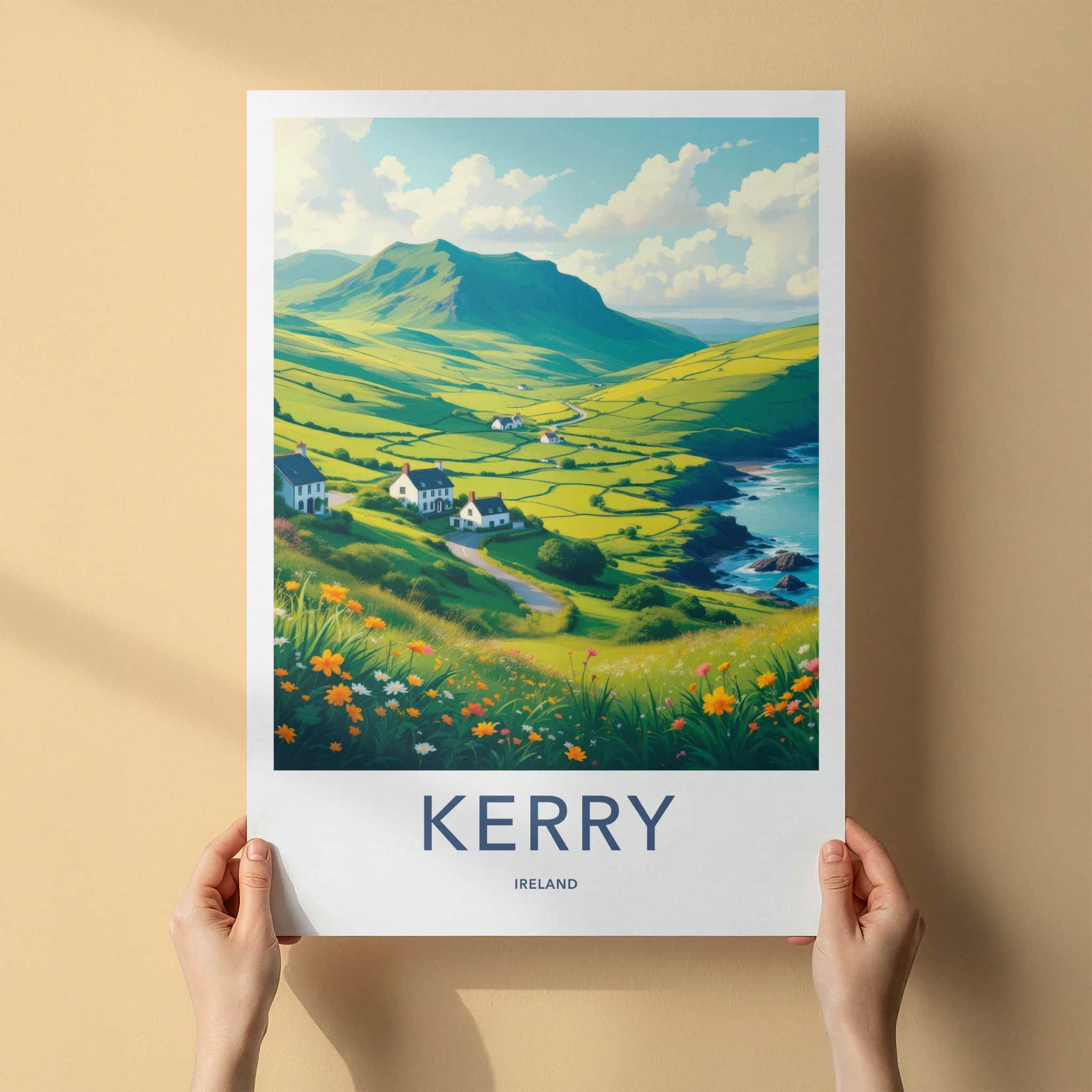 Kerry Poster - Ireland Travel Print - Coastal Village Flowers Wall Decor