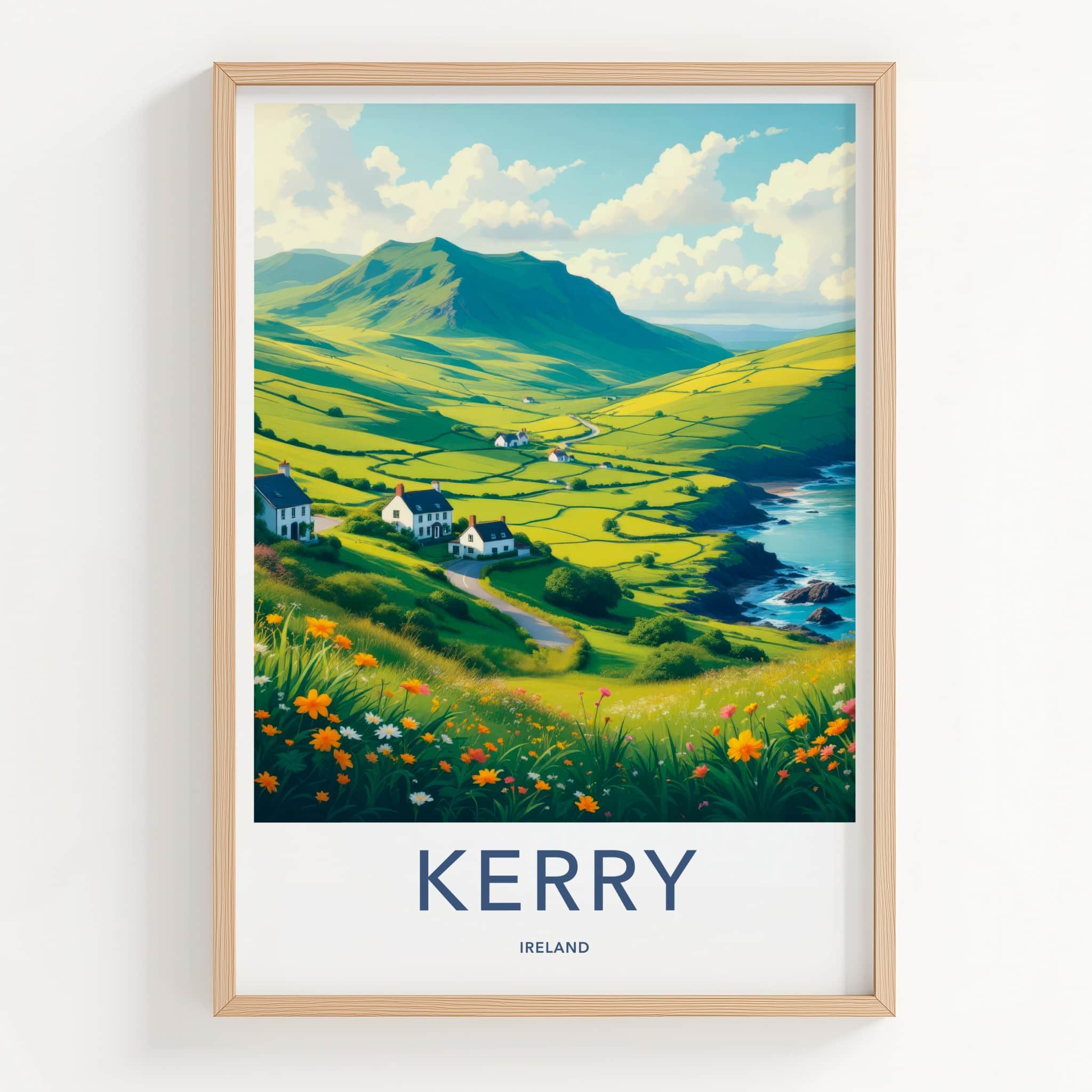 Kerry Poster - Ireland Travel Print - Coastal Village Flowers Wall Decor