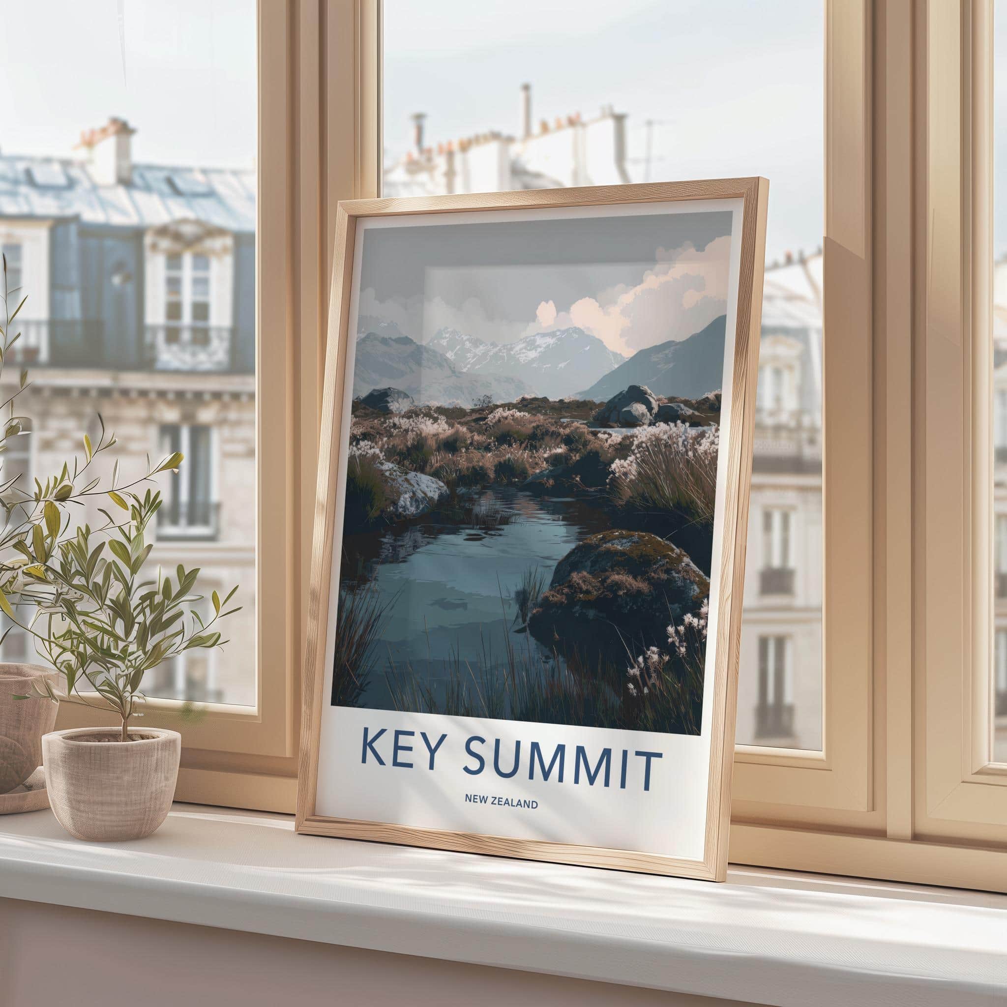 Key Summit Poster - New Zealand Art Print - Alpine Lake Reeds Wall Decor