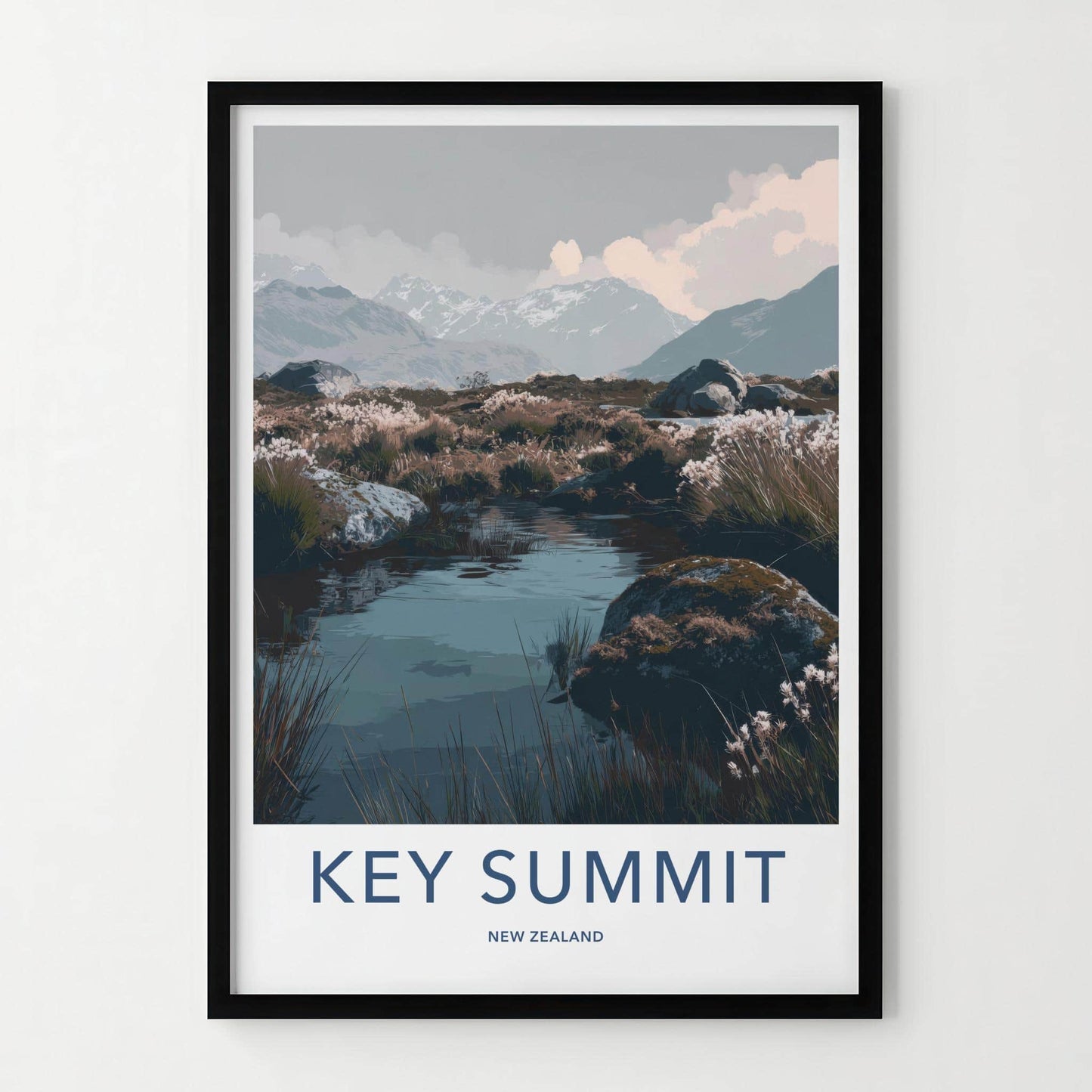 Key Summit Poster - New Zealand Art Print - Alpine Lake Reeds Wall Decor