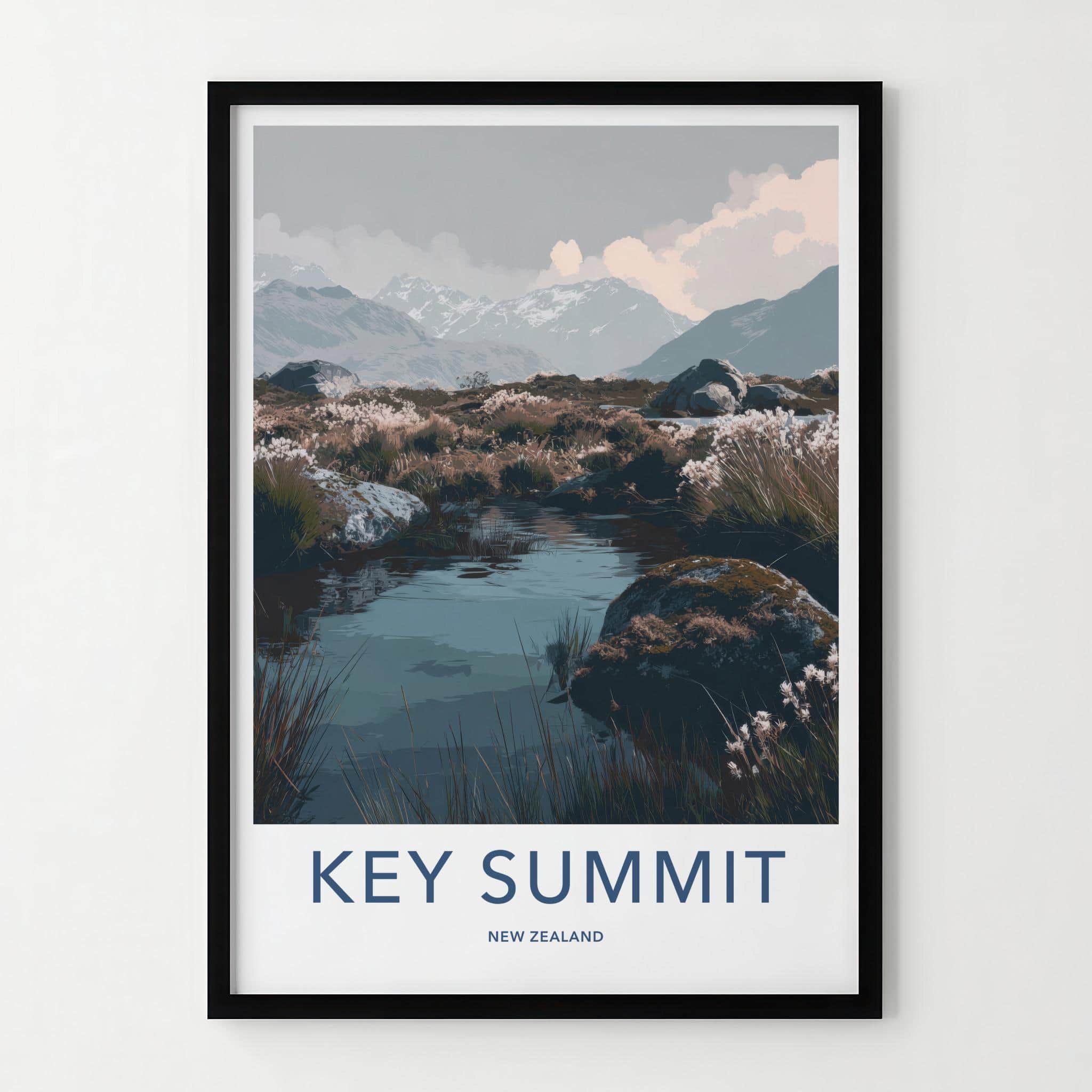 Key Summit Poster - New Zealand Art Print - Alpine Lake Reeds Wall Decor