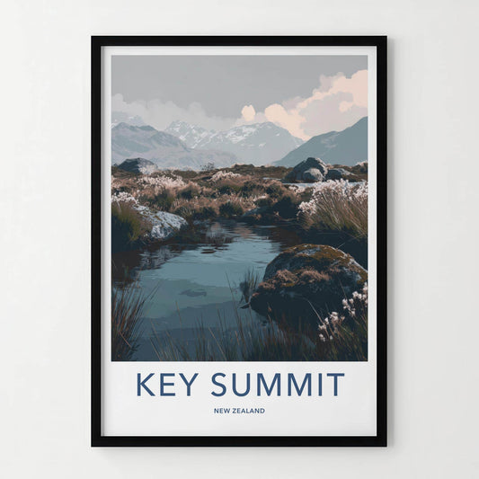 Key Summit Poster - New Zealand Art Print - Alpine Lake Reeds Wall Decor