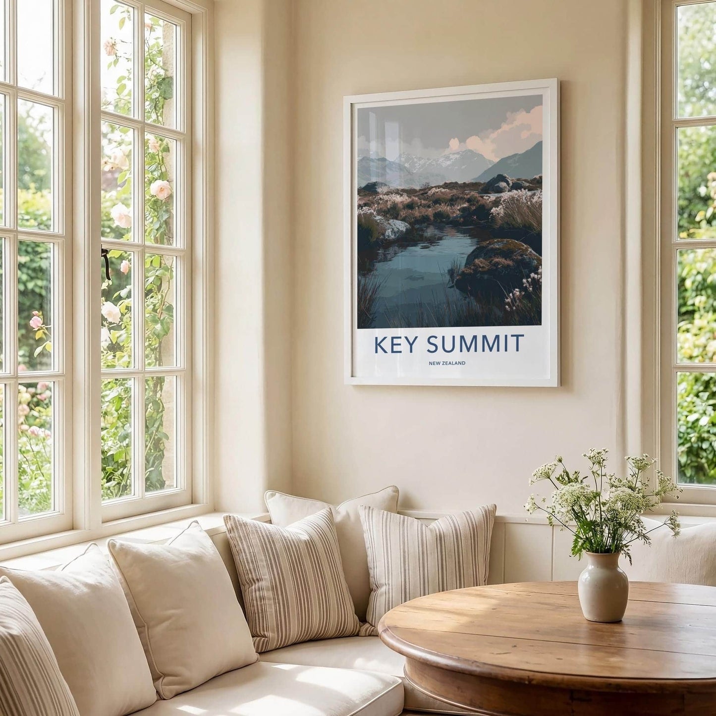 Key Summit Poster - New Zealand Art Print - Alpine Lake Reeds Wall Decor
