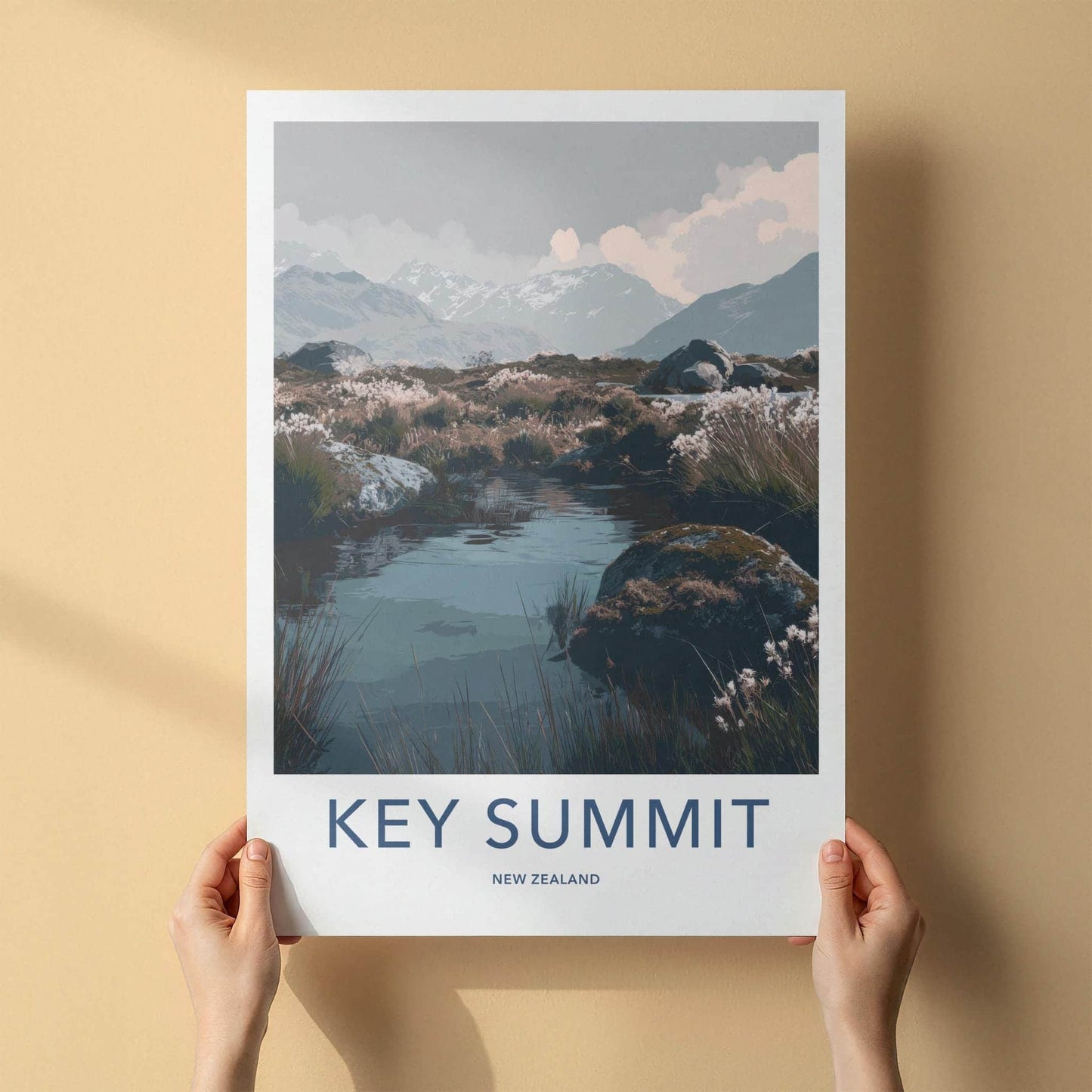 Key Summit Poster - New Zealand Art Print - Alpine Lake Reeds Wall Decor