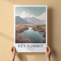Key Summit Poster - New Zealand Travel Art - Alpine Lake Grass Home Decor