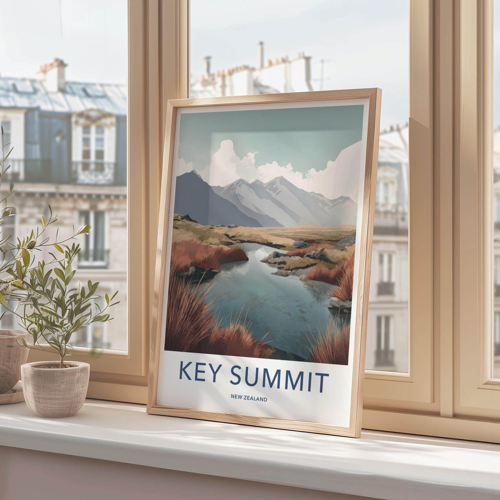 Key Summit Poster - New Zealand Travel Art - Alpine Lake Grass Home Decor