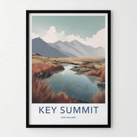 Key Summit Poster - New Zealand Travel Art - Alpine Lake Grass Home Decor