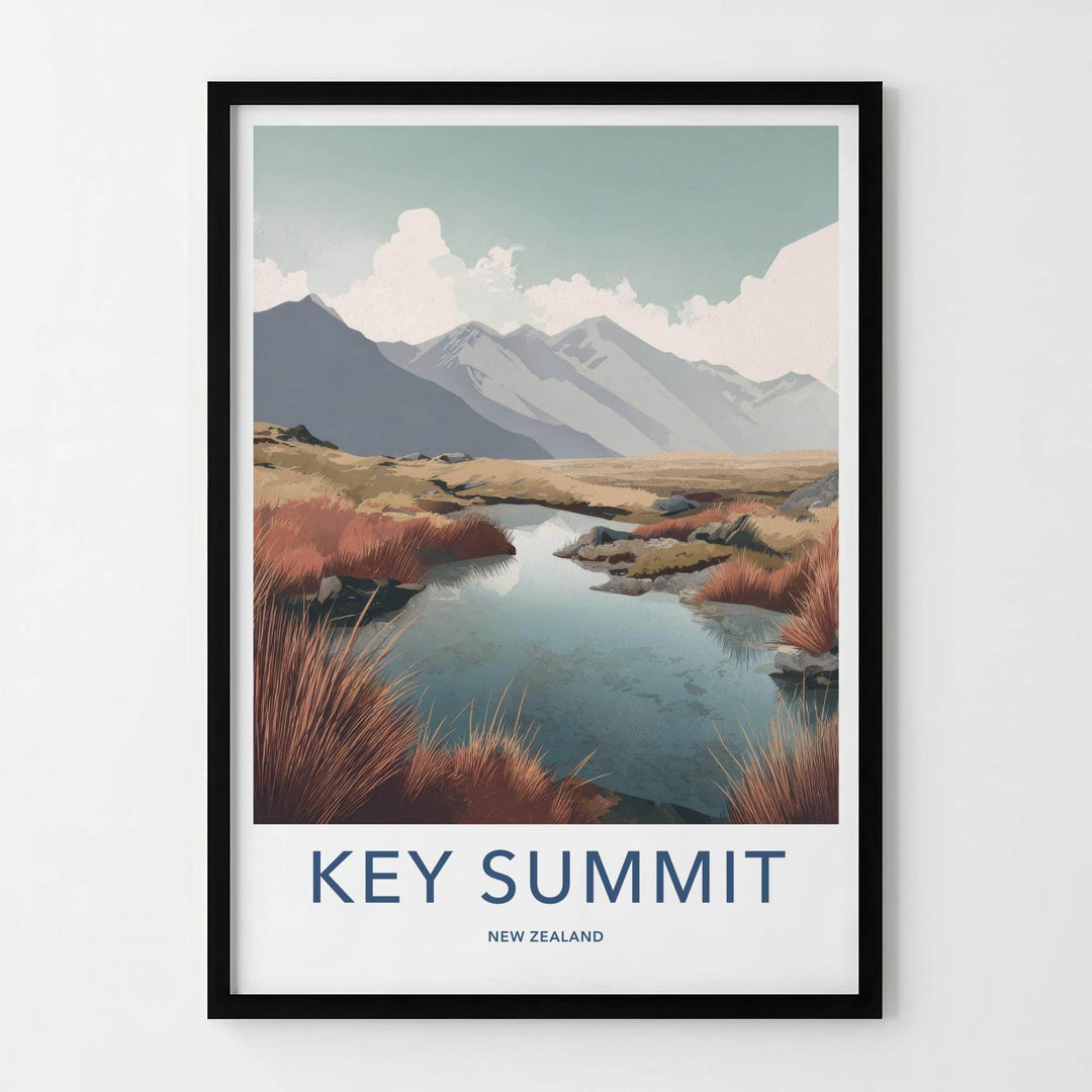 Key Summit Poster - New Zealand Travel Art - Alpine Lake Grass Home Decor