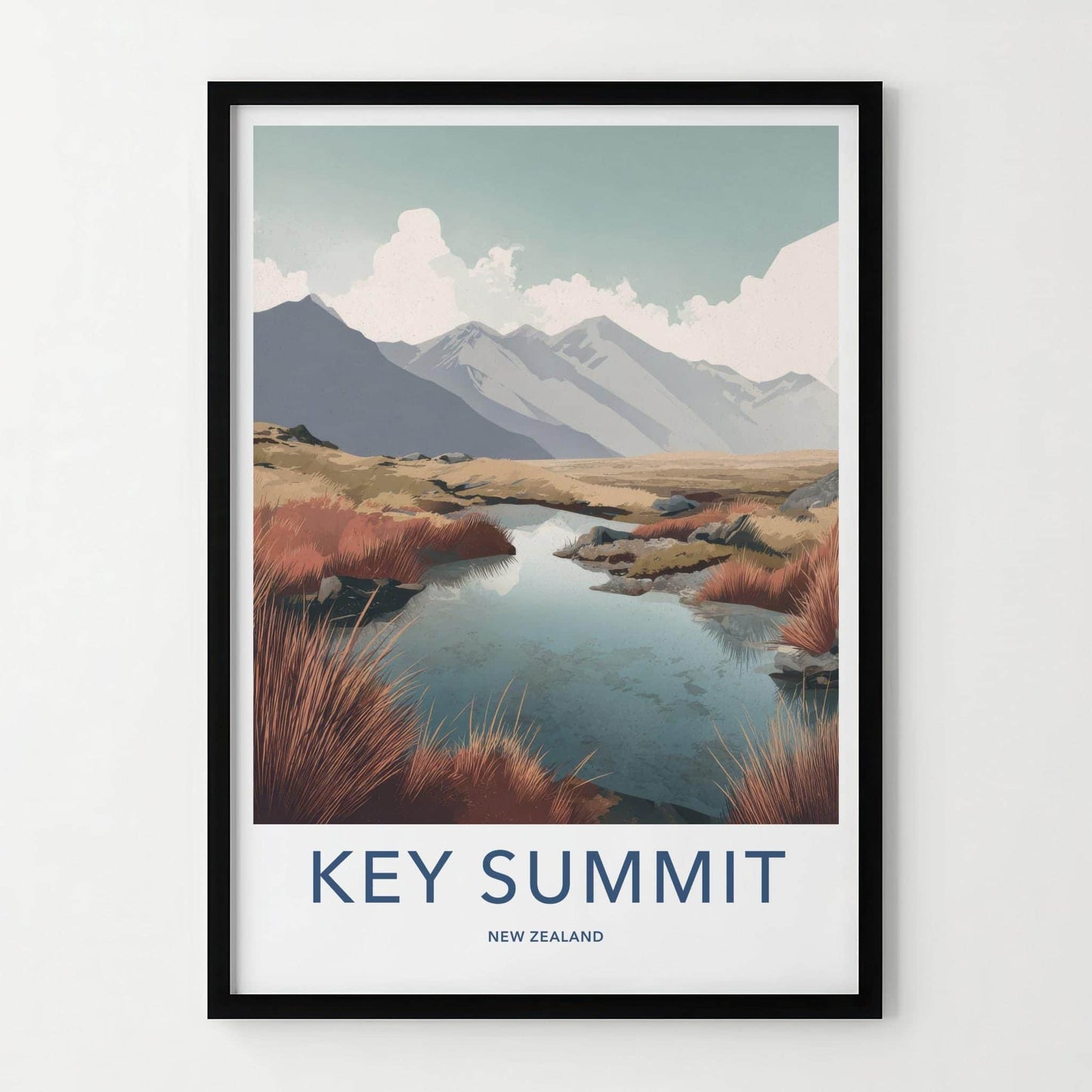 Key Summit Poster - New Zealand Travel Art - Alpine Lake Grass Home Decor