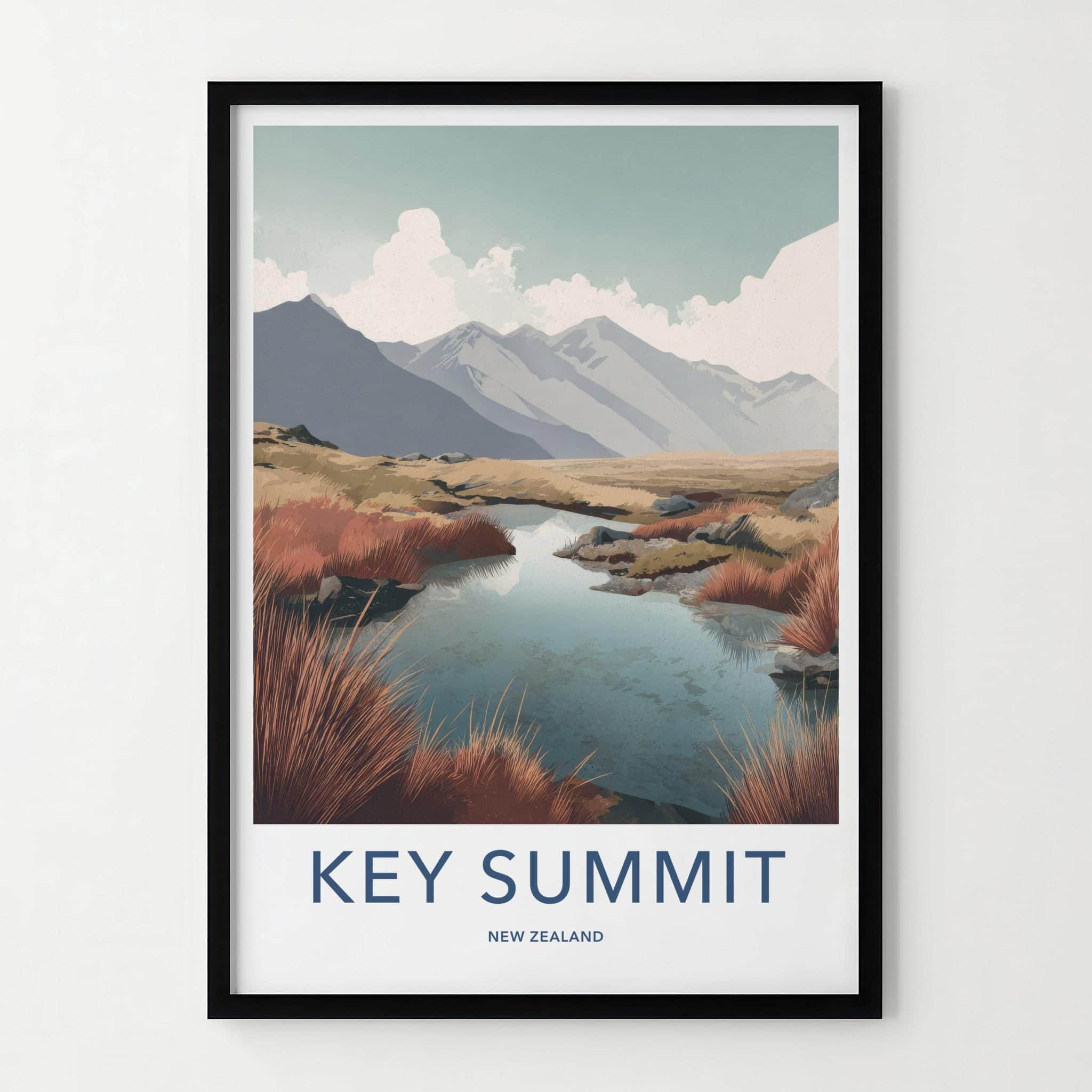 Key Summit Poster - New Zealand Travel Art - Alpine Lake Grass Home Decor