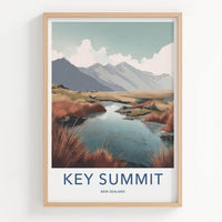 Key Summit Poster - New Zealand Travel Art - Alpine Lake Grass Home Decor